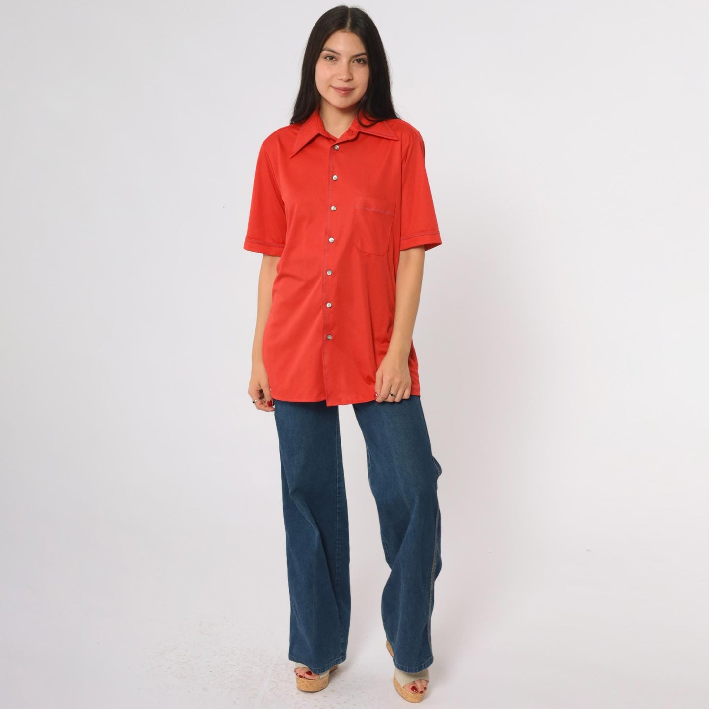 70s Arrow Button Shirt Orange-Red Short Sleeve Chest Pocket Medium M