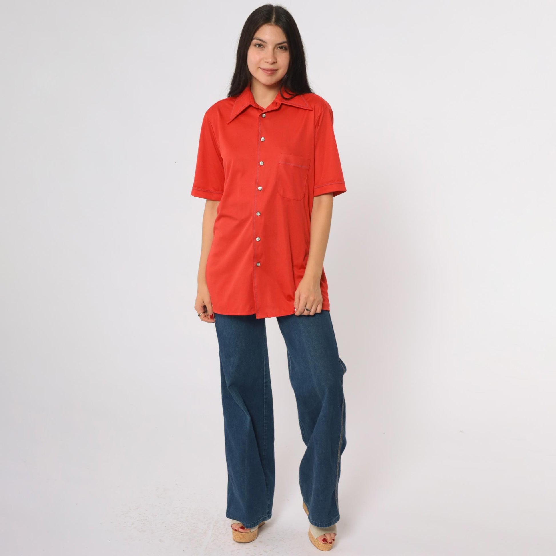 70s Arrow Button Shirt Orange-Red Short Sleeve Chest Pocket Medium M