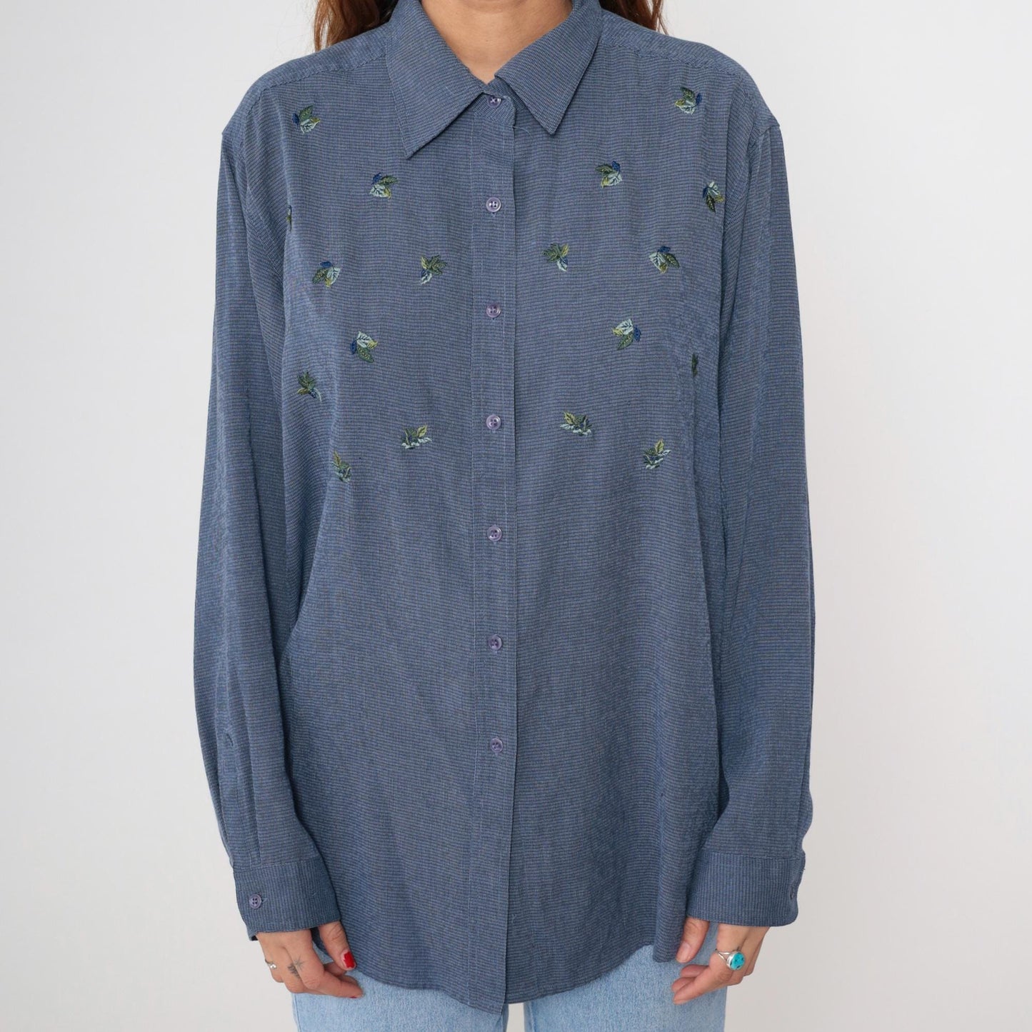 Y2K Blue Floral Button-Down Shirt Long Sleeve Pointed Collar Extra Large