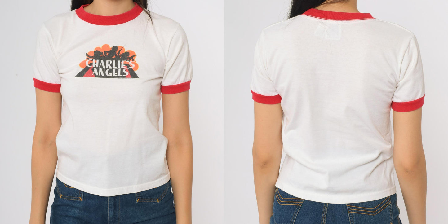 90s Charlie's Angels Ringer T-Shirt White Red Trim Graphic Tee Youth Medium