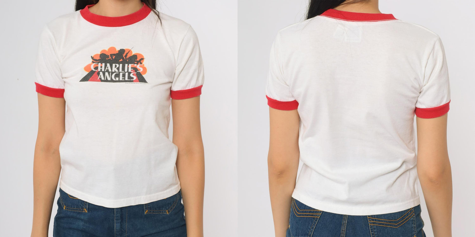 90s Charlie's Angels Ringer T-Shirt White Red Trim Graphic Tee Youth Medium