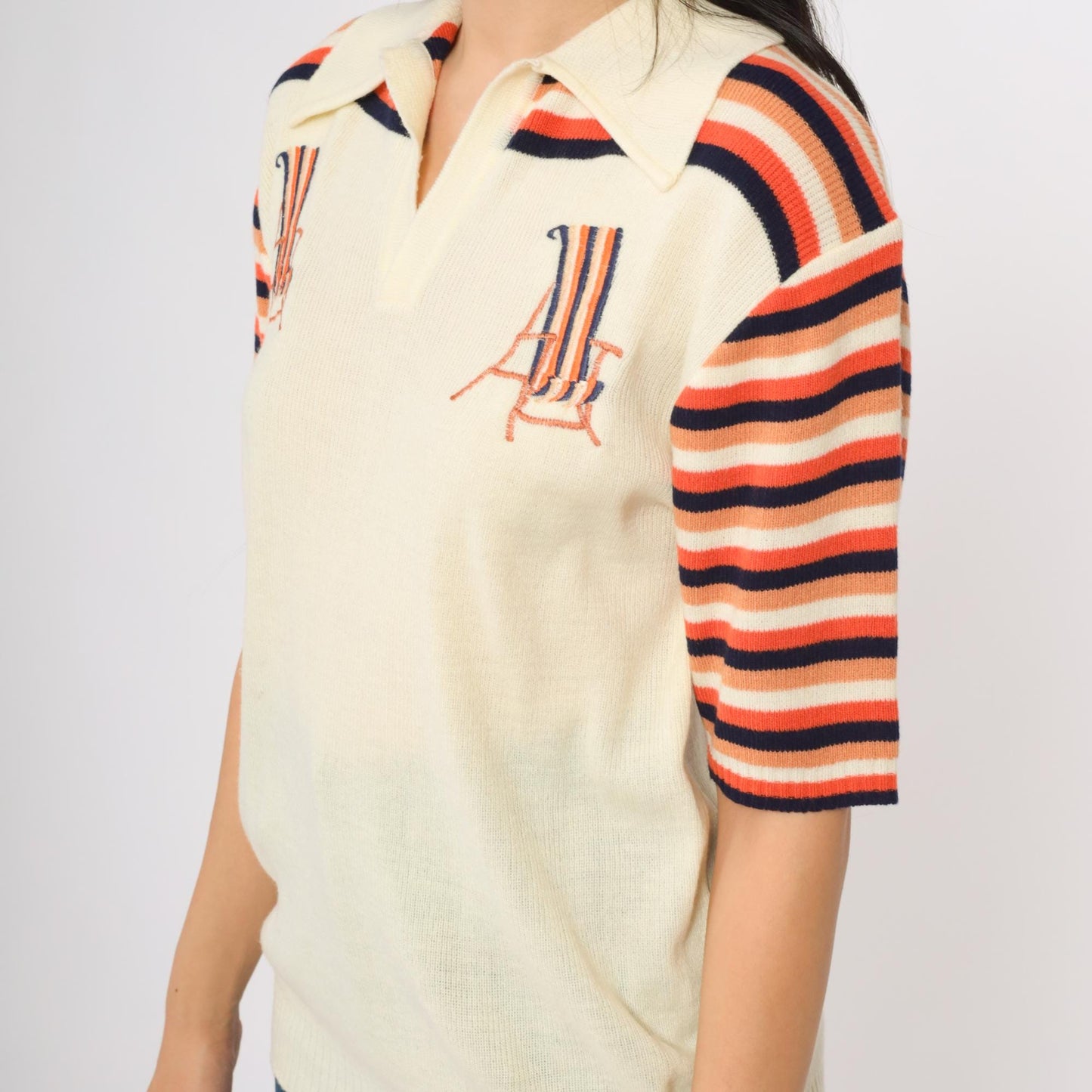 70s Sundowner Knit Polo Shirt Cream Orange Navy Striped Deck Chair Large