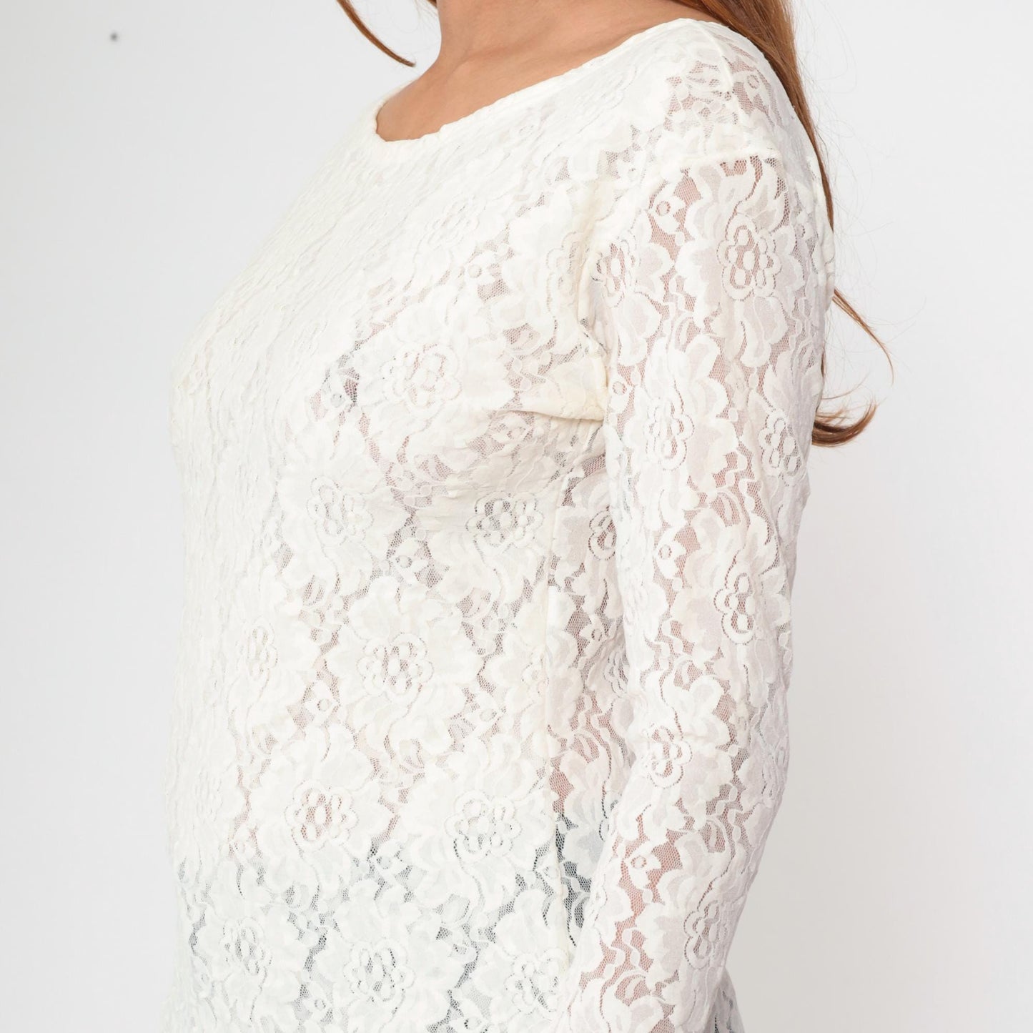 80s White Floral Lace Sheer Blouse U-Neck Long Sleeve Medium