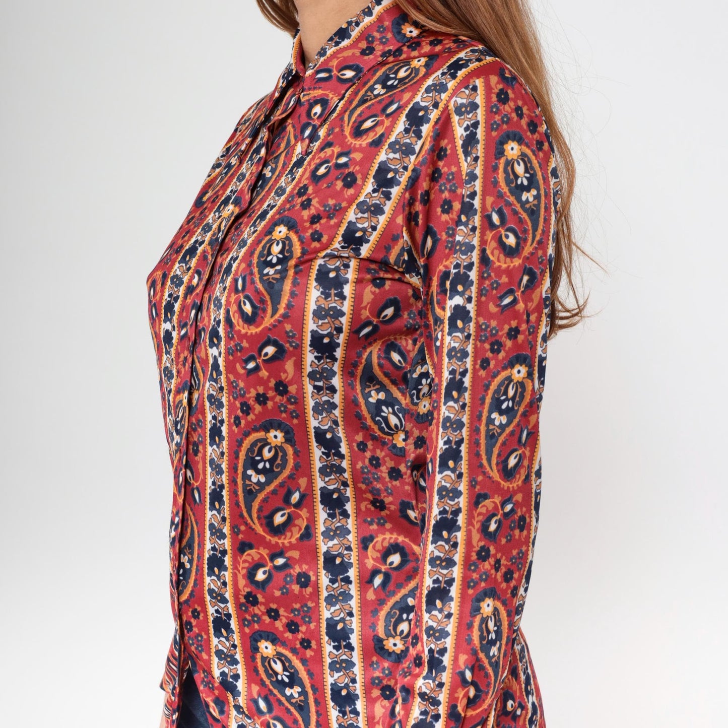 70s Paisley Dagger Collar Blouse Rust Red Button Up Long Sleeve Medium
