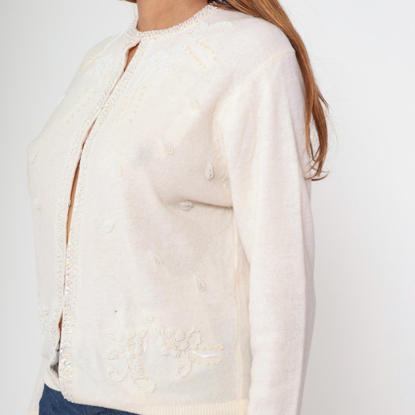 70s Cream Wool Cardigan Floral Beaded Pearl Button Sweater Small