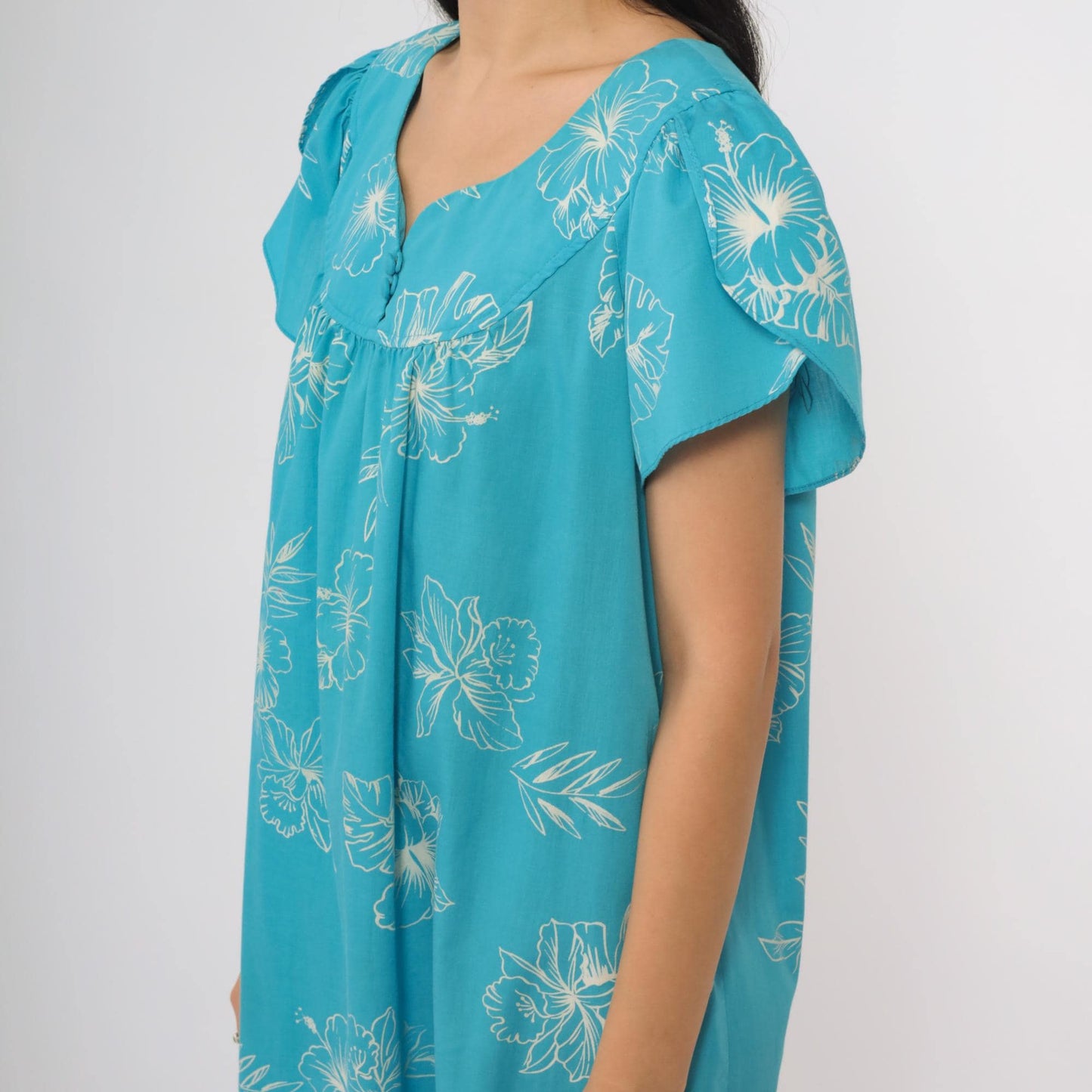 80s Turquoise Hibiscus Floral Midi Dress Scoop Neck Short Sleeve Loungewear Medium Large