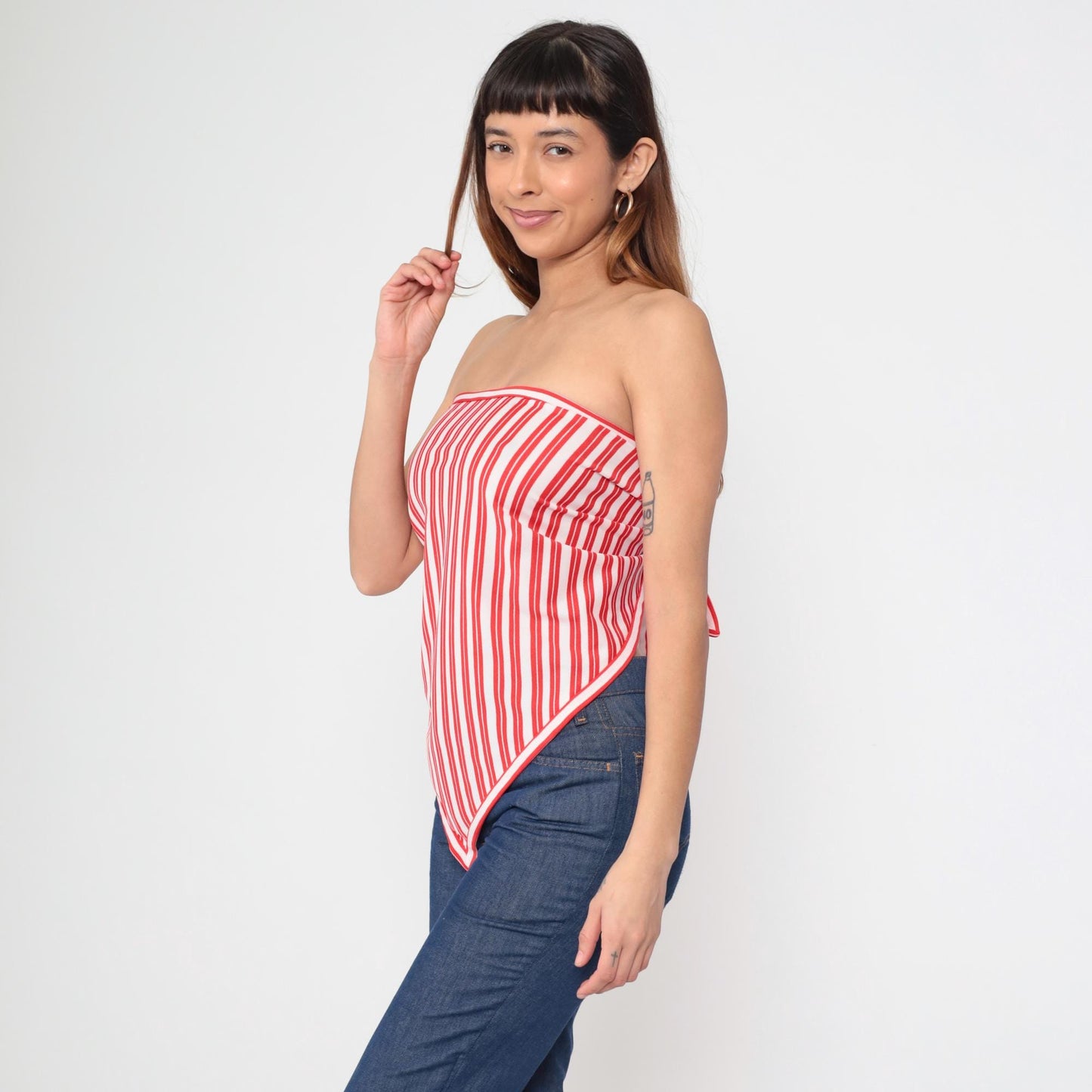 70s Red White Striped Bandana Halter Top Triangle Tie-Back One Size
