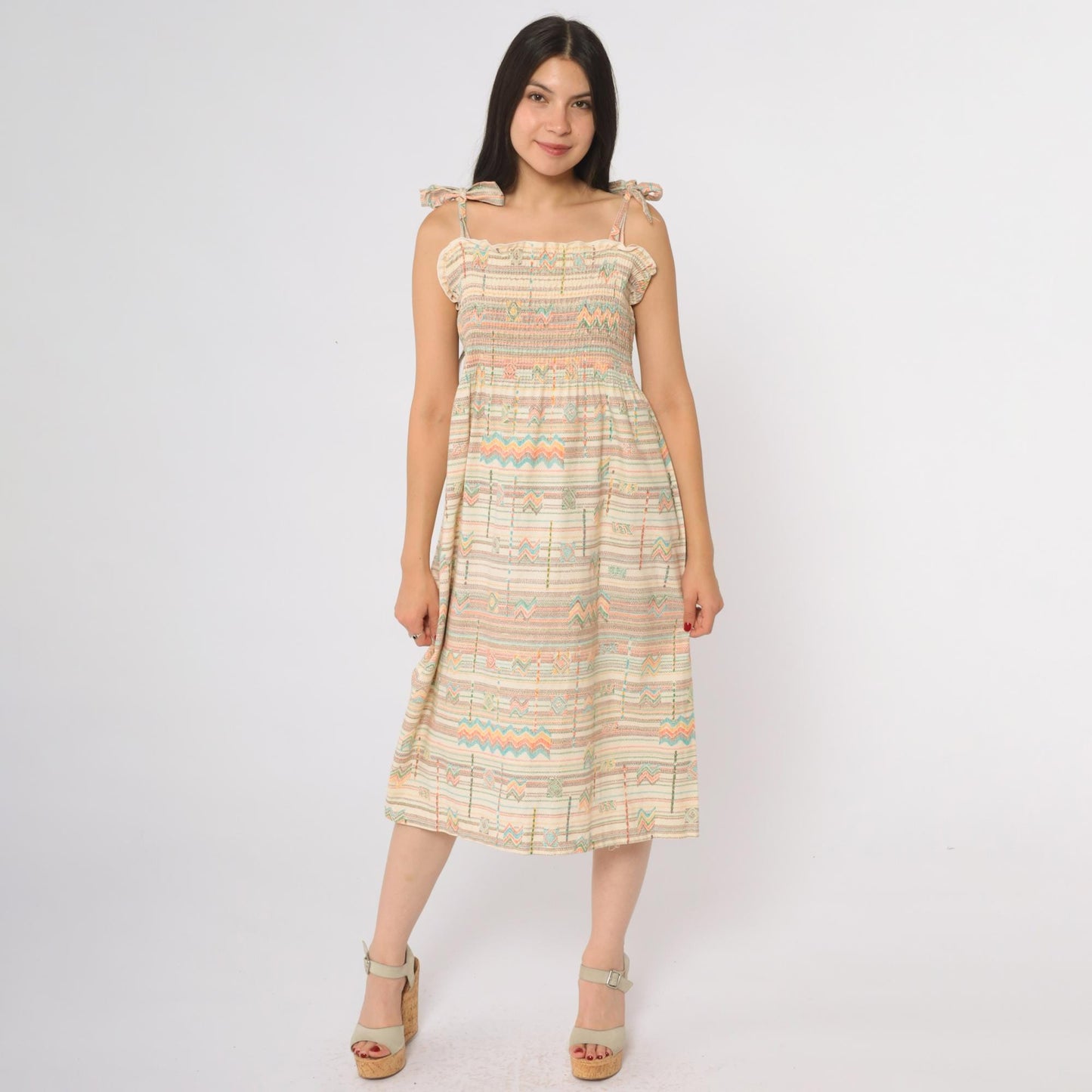 70s Cream Aztec Geometric Midi Dress Tie Shoulder Smocked Cotton Medium Large