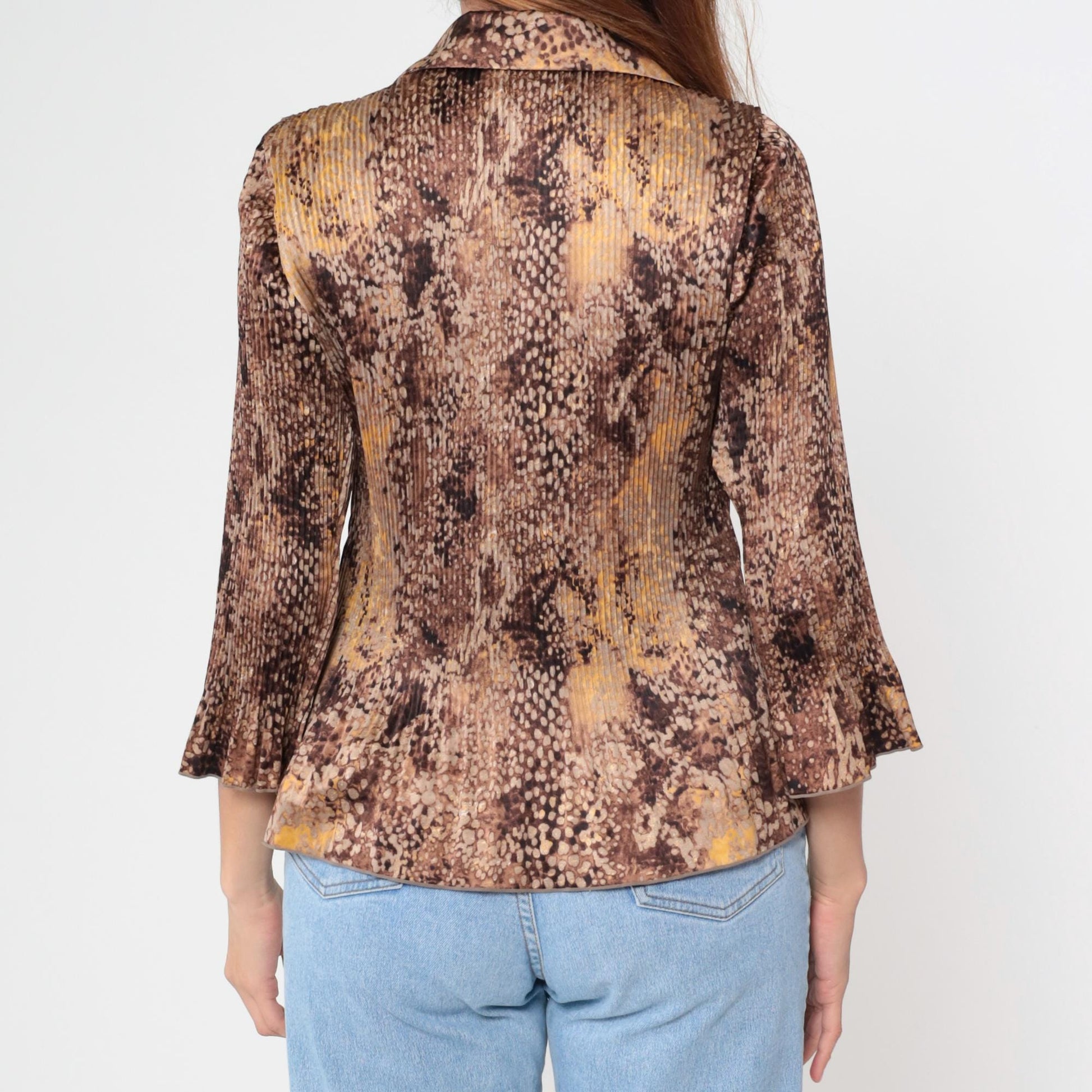 Y2K Jaclyn Smith Snake Print Blouse Brown Python Bell Sleeve Small S
