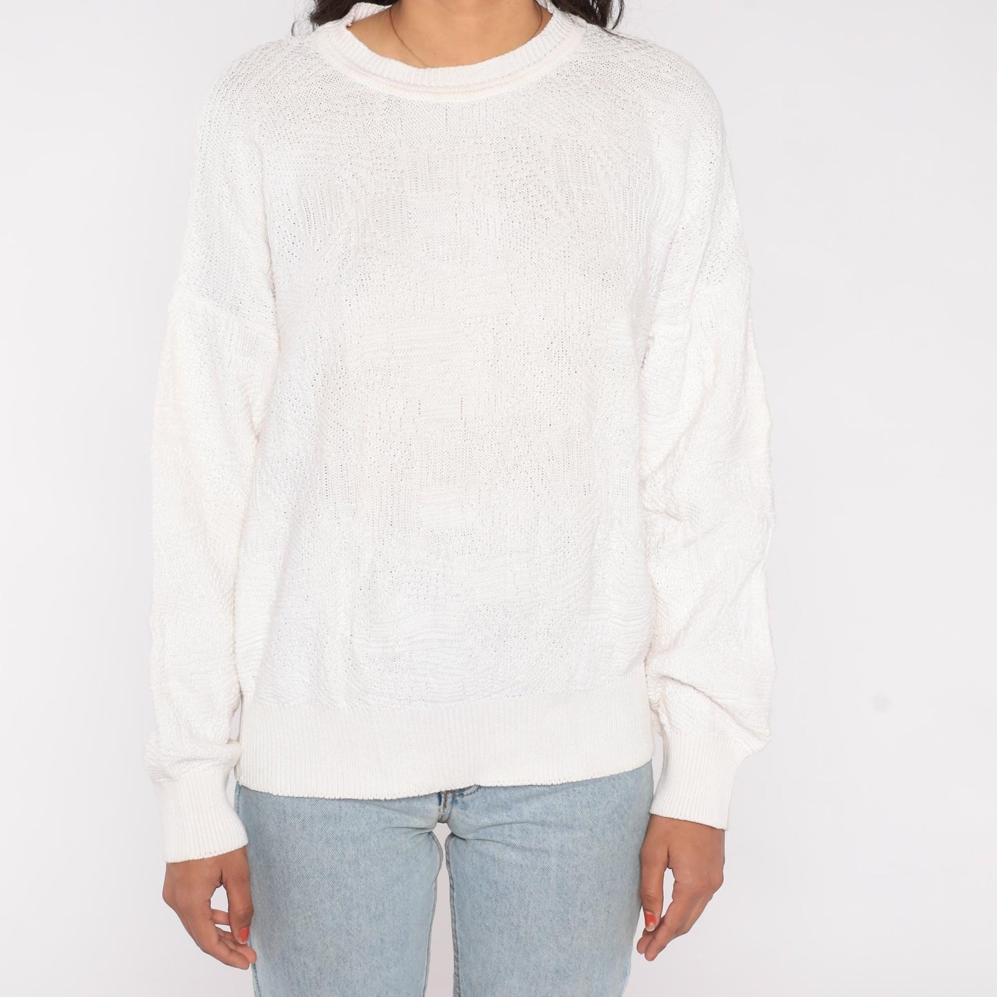 80s Neiman Marcus Cable Knit Sweater Cream Cotton Crew Neck Large L