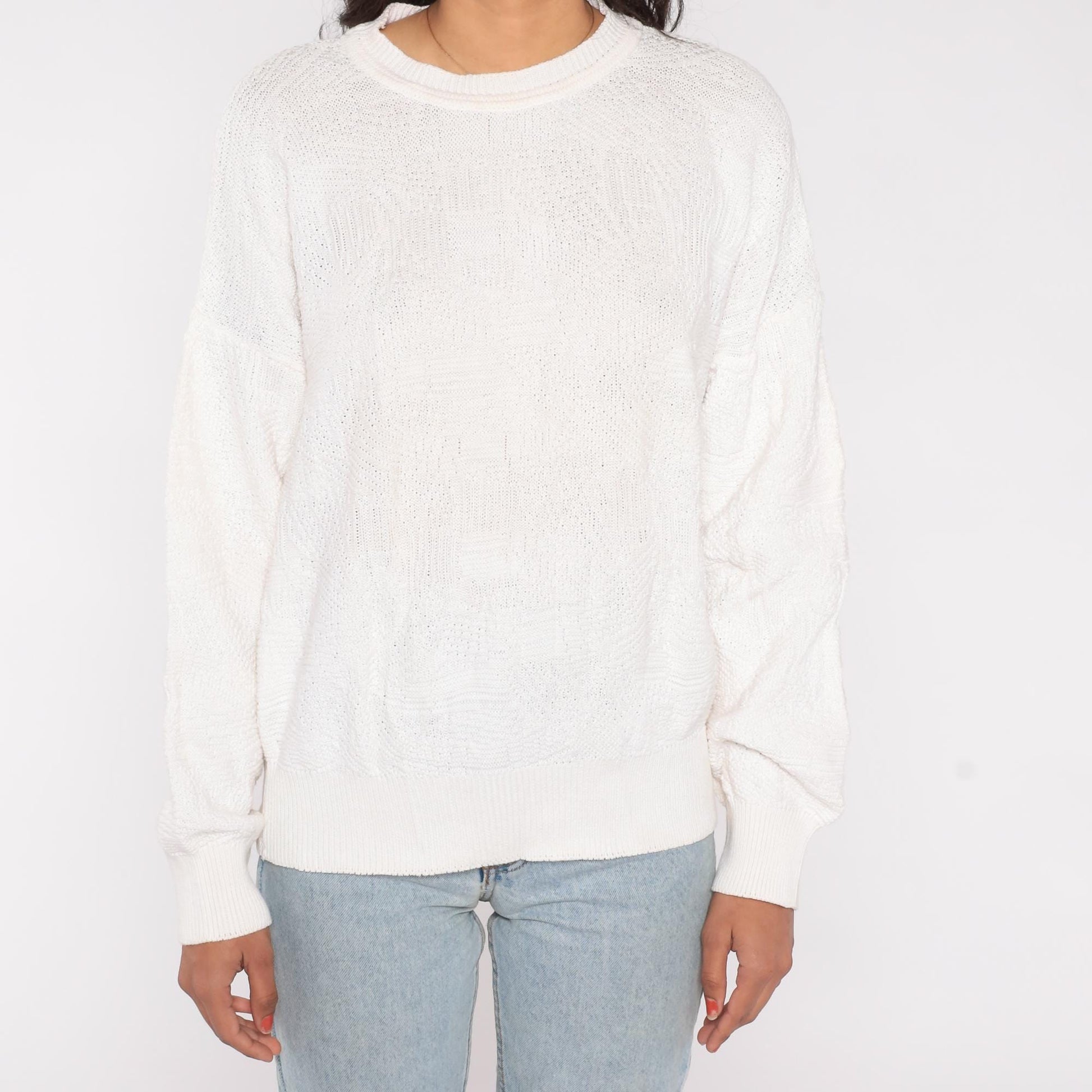 80s Neiman Marcus Cable Knit Sweater Cream Cotton Crew Neck Large L