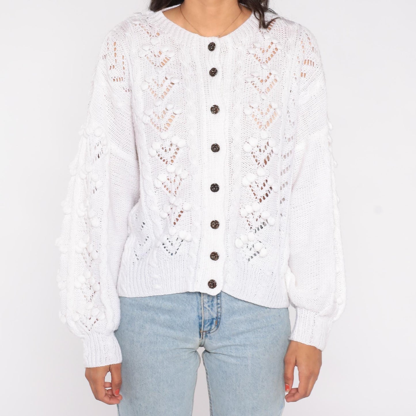 80s White Eyelet Crochet Cardigan Button-Front Scalloped Lace Large L