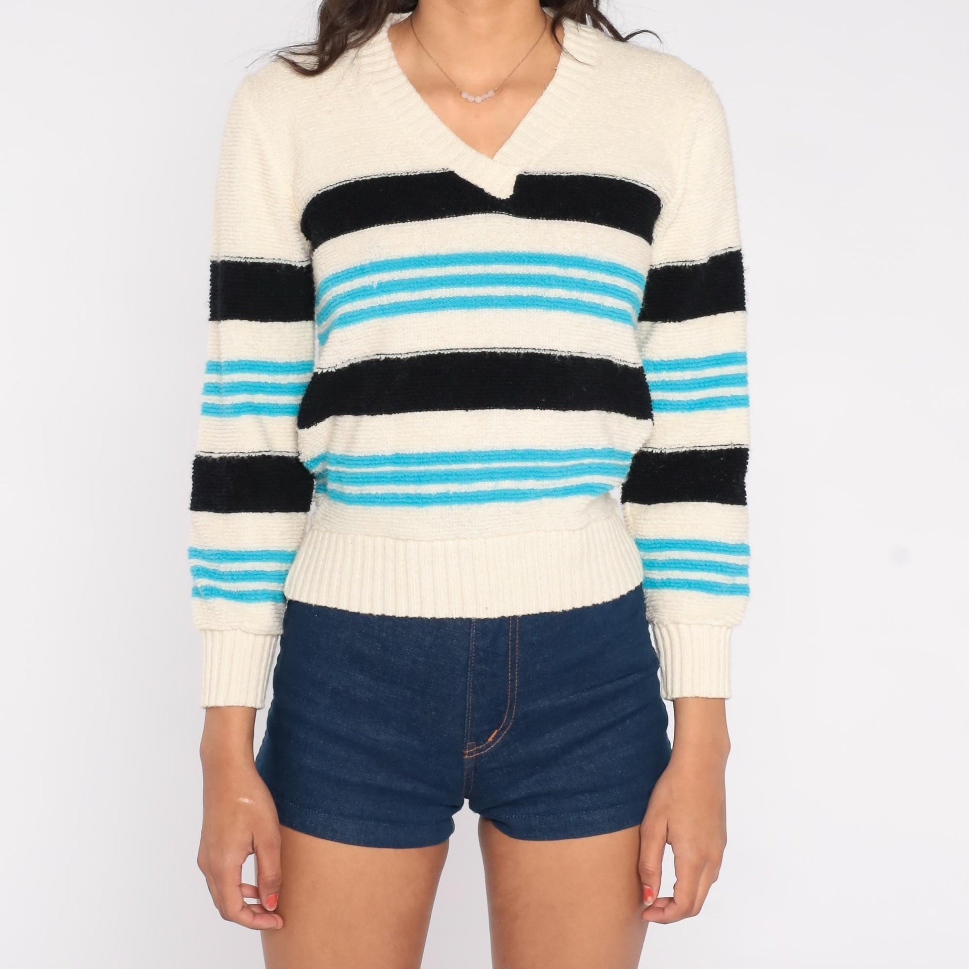 70s Originals by Julie Striped V-Neck Sweater Turquoise Navy Cream Small