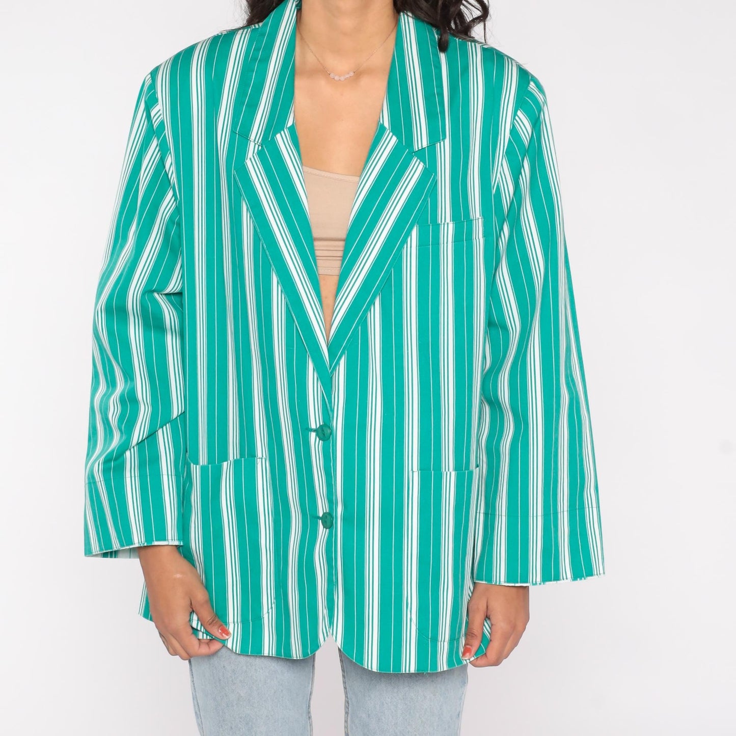 90s Leslie Fay Green Striped Cotton Blazer Plus Size XXL