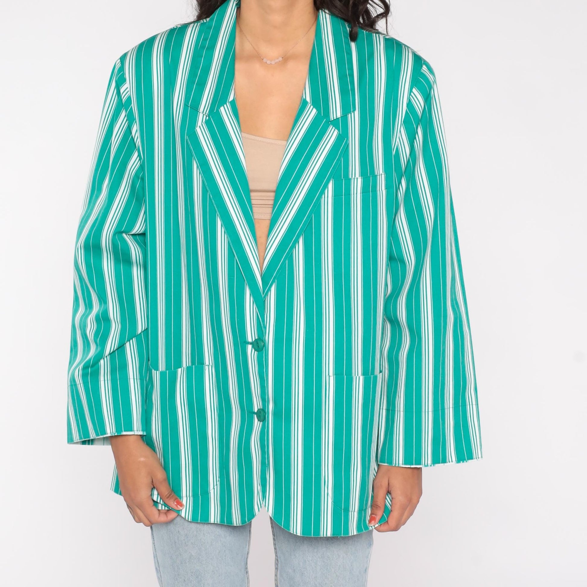 90s Leslie Fay Green Striped Cotton Blazer Plus Size XXL