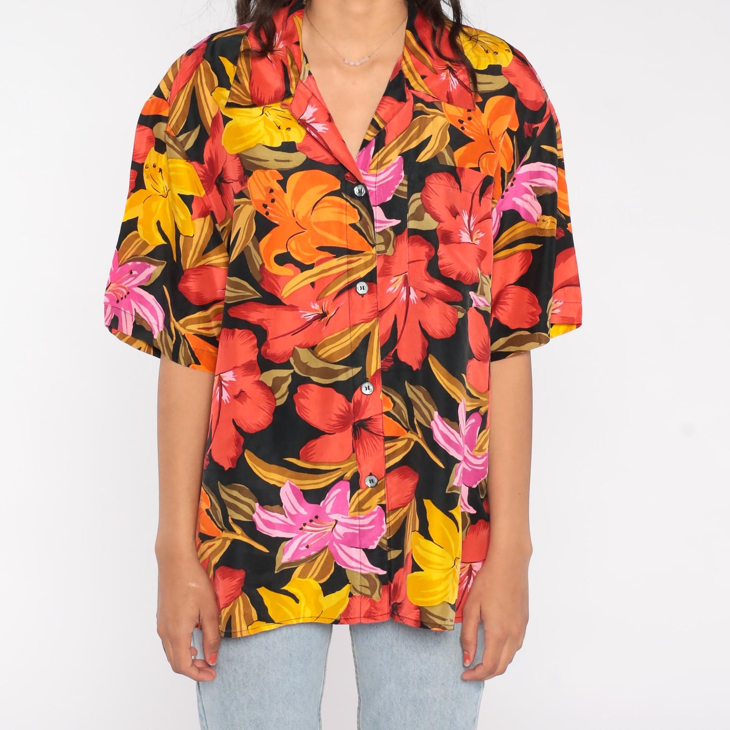 90s Partners Mervyns Hawaiian Silk Shirt Tropical Floral Camp Collar Large L