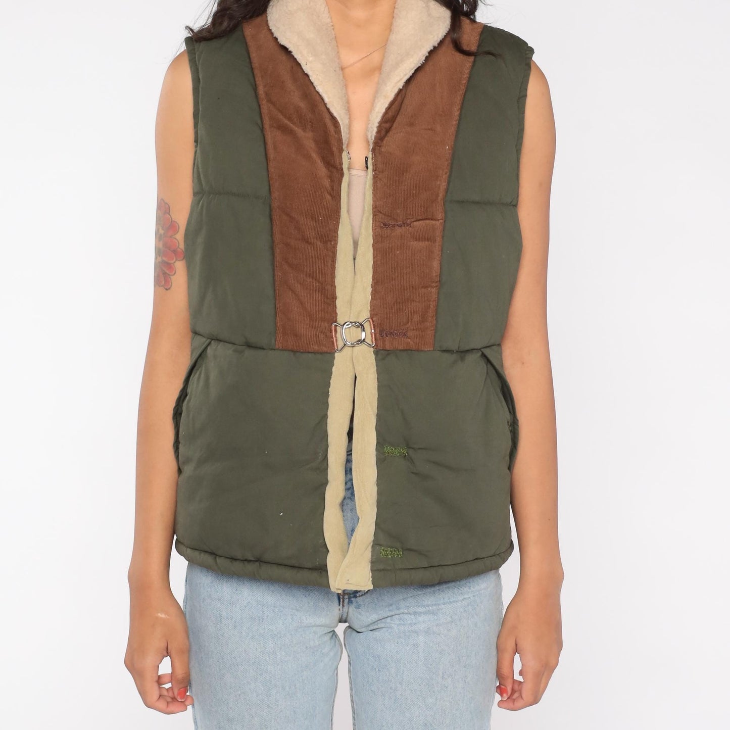 Y2K Olive Green Puffer Vest Corduroy Trim Sherpa Collar Medium M