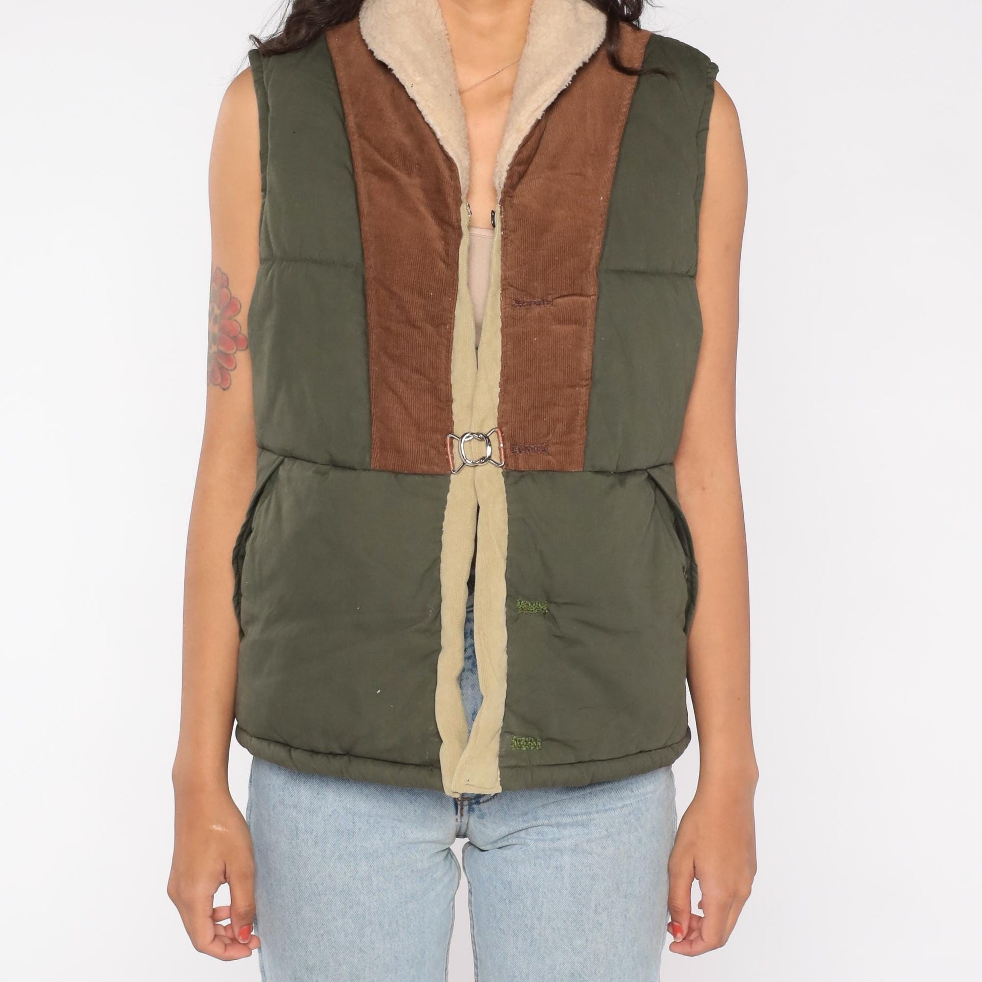 Y2K Olive Green Puffer Vest Corduroy Trim Sherpa Collar Medium M