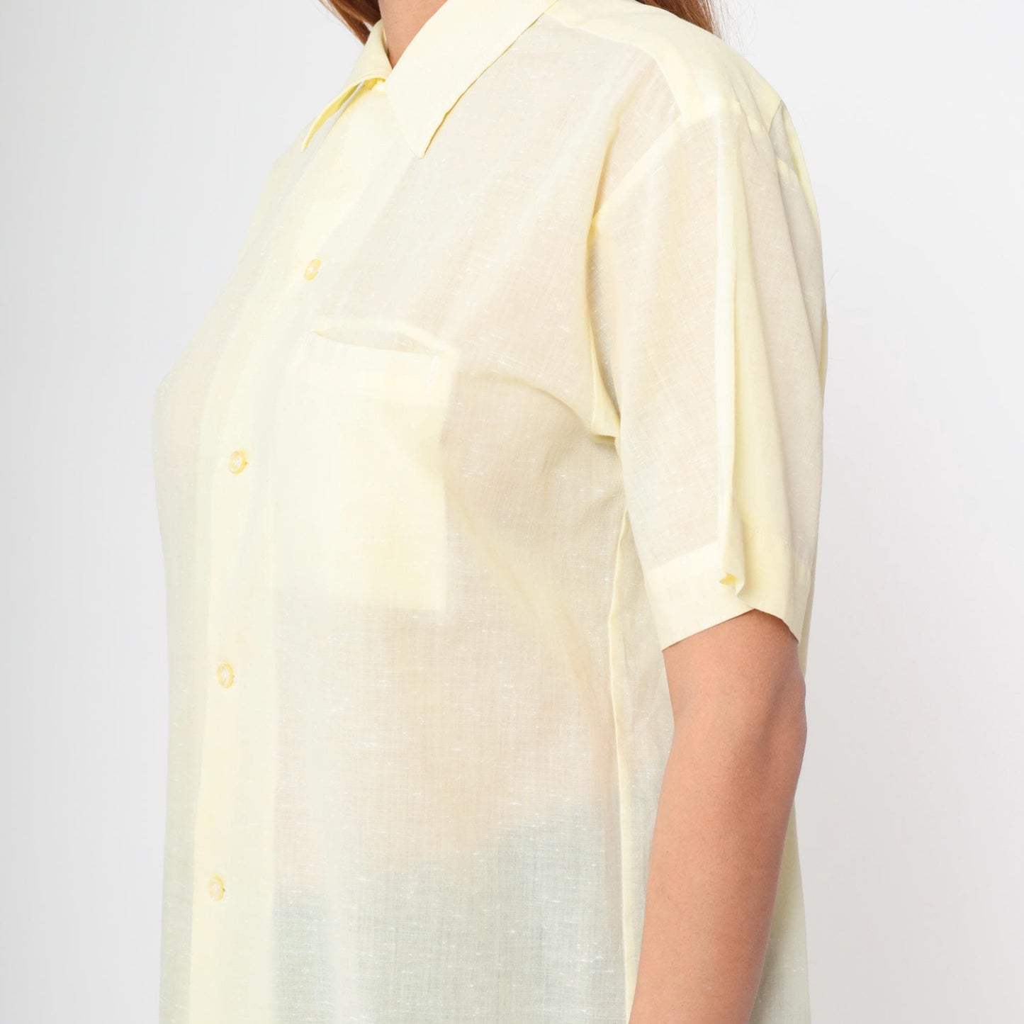 70s Yellow Dagger Collar Button-Up Shirt Short Sleeve Chest Pocket Medium M