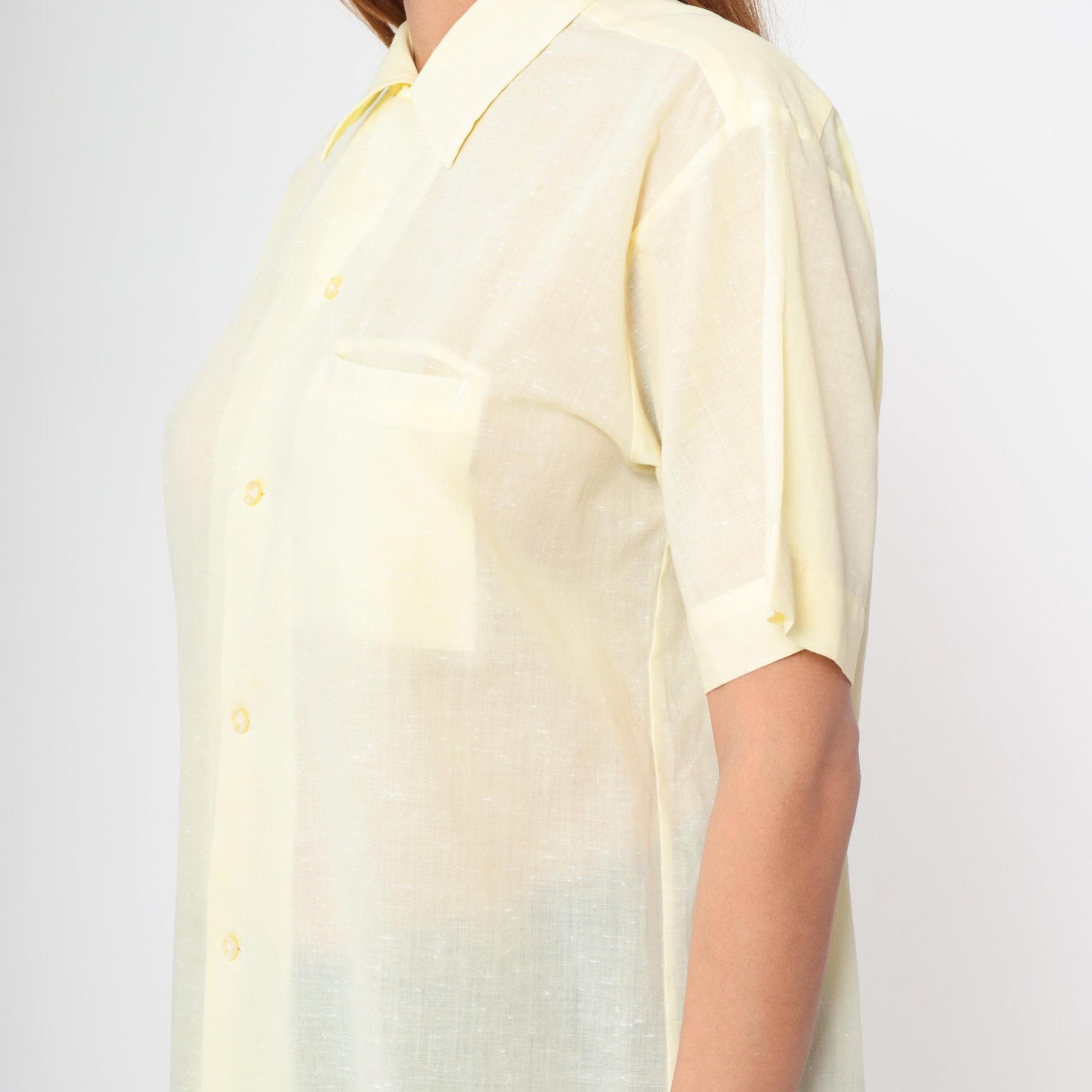 70s Yellow Dagger Collar Button-Up Shirt Short Sleeve Chest Pocket Medium M