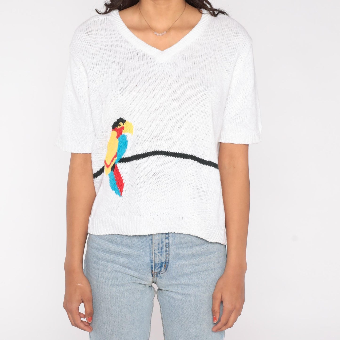 80s Country Suburbans Parrot Sweater White V-Neck Knit Extra Large XL