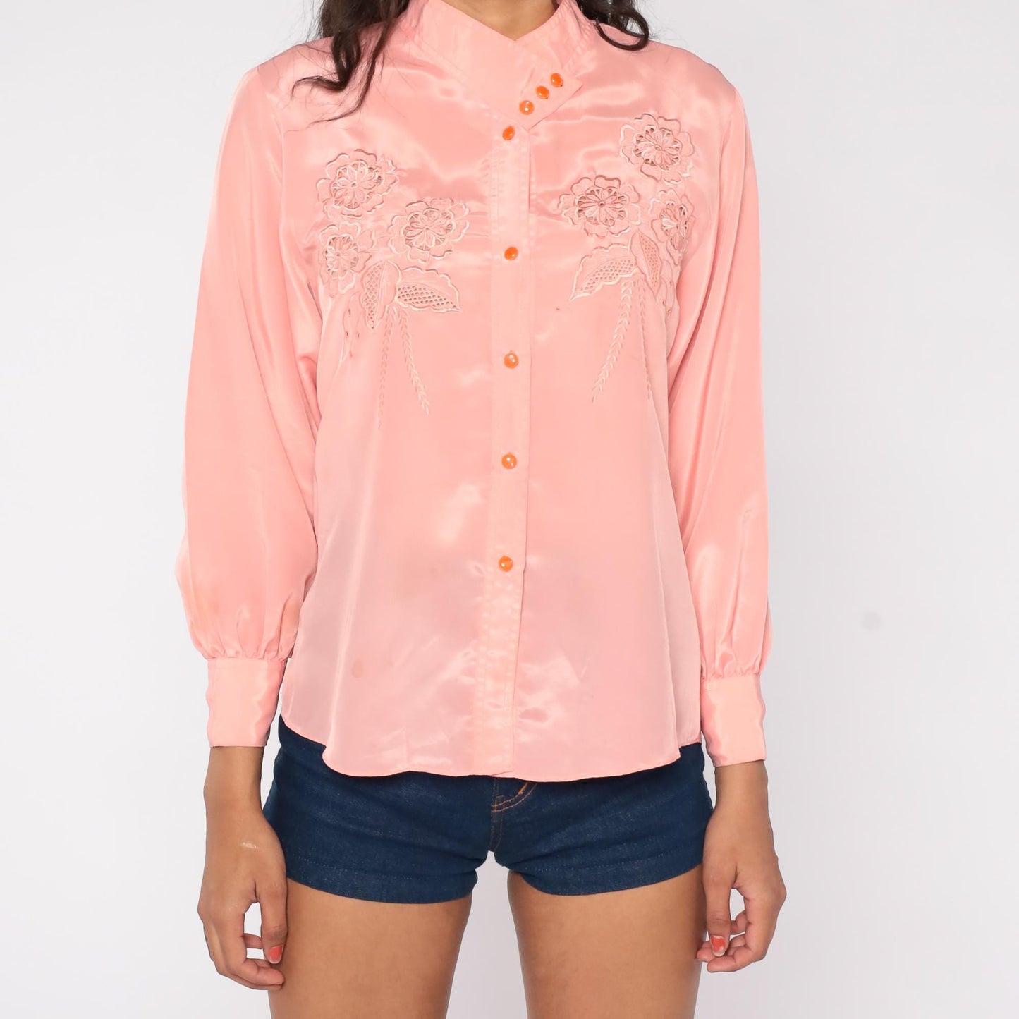 80s Pink Embroidered Cutwork Floral Blouse Button Down Collar Medium