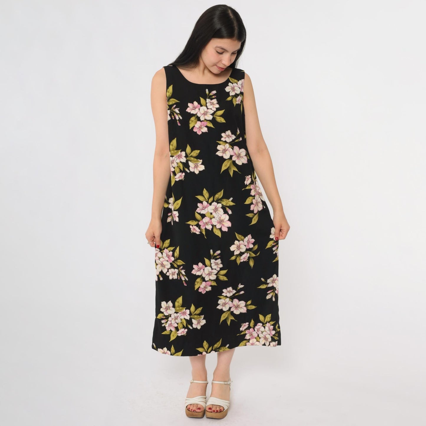 90s Studio 1 Petite Black Floral Midi Dress Lily Print Sleeveless Size 8P