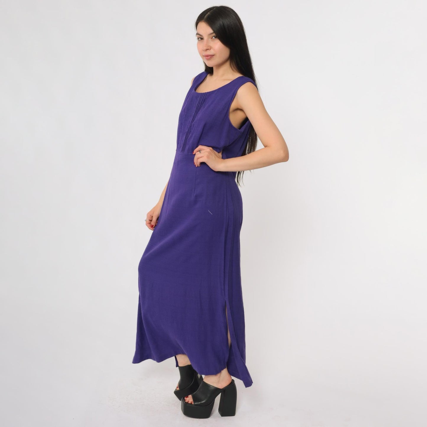 90s Karin Stevens Purple Maxi Dress Embroidered Sleeveless Large L