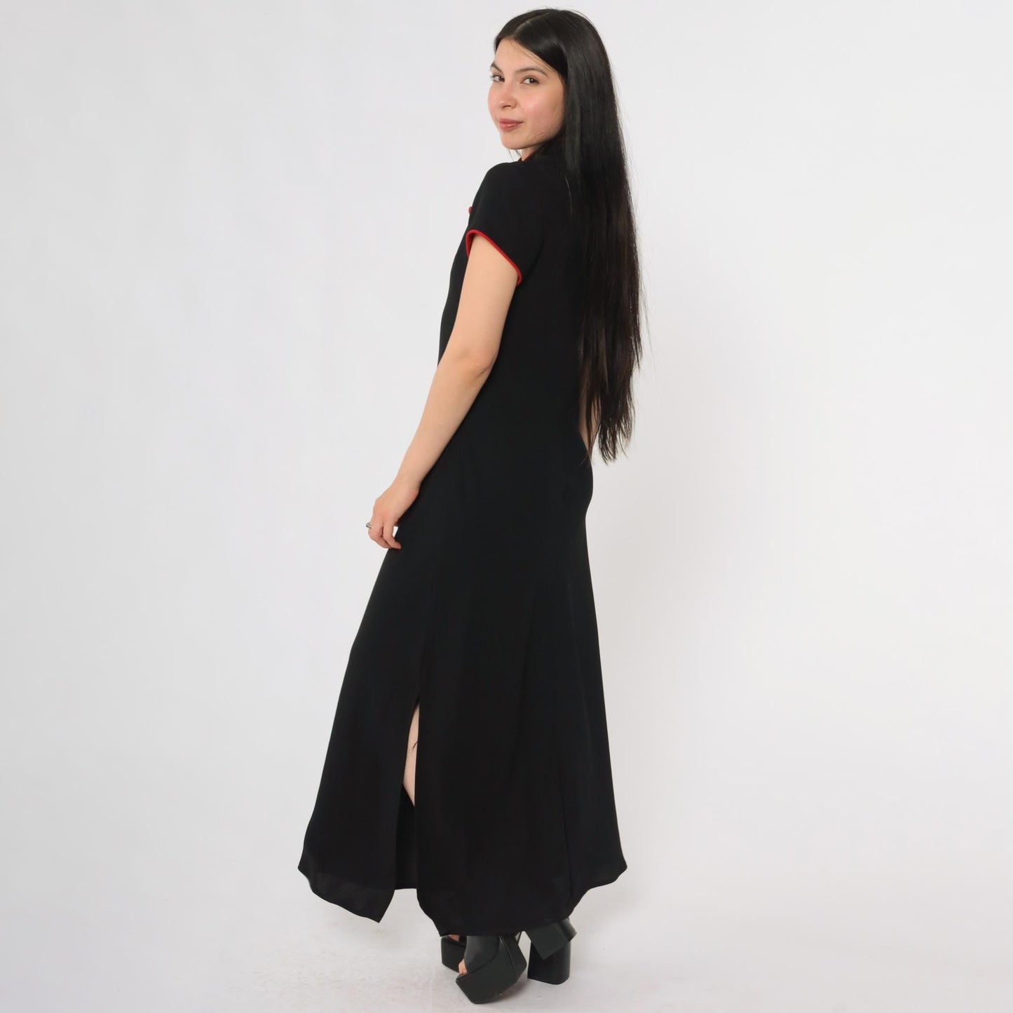 90s S.L. Fashions Black Cheongsam Maxi Dress Mandarin Collar Red Piping Medium