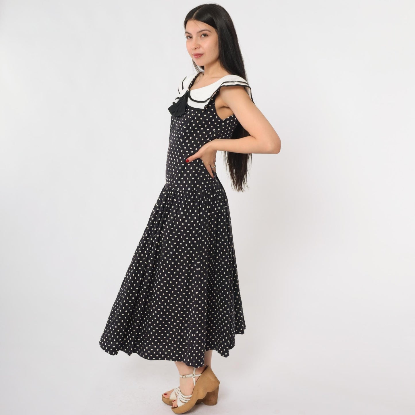80s Lanz Originals Black White Polka Dot Midi Dress Peter Pan Collar Small