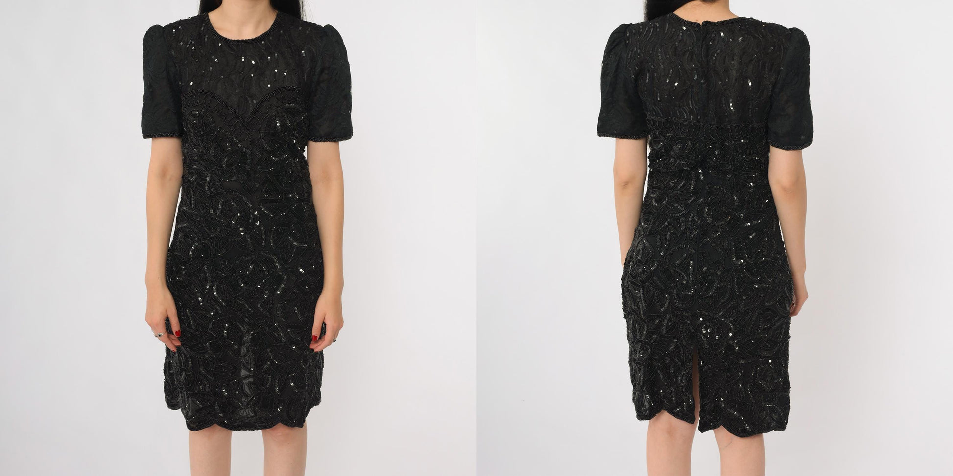 90s Silky Nites New York Black Silk Sequin Beaded Cocktail Dress Small