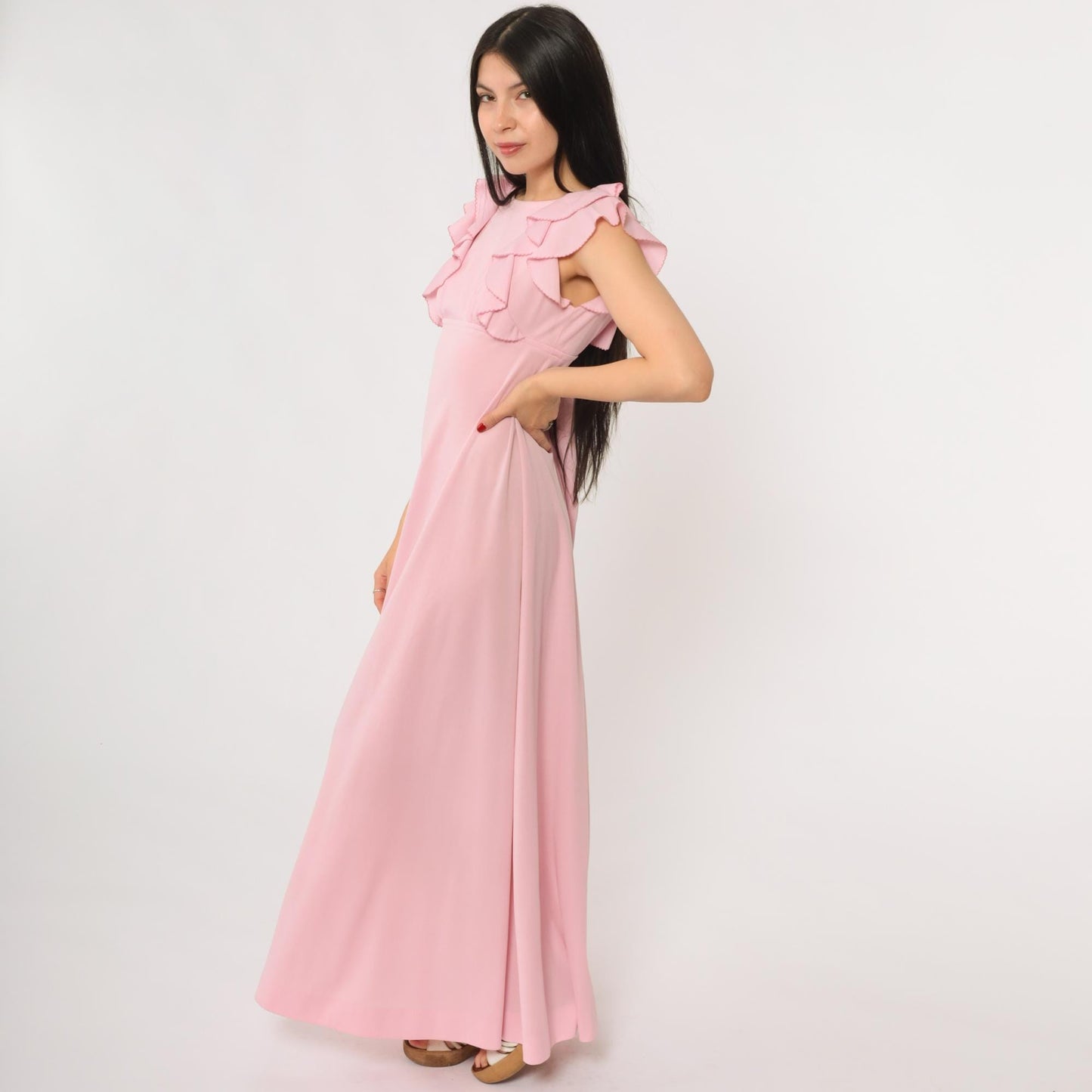 70s Pink Ruffle Maxi Dress Open Back Empire Waist Small