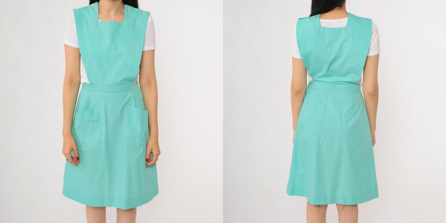 80s Turquoise Pinafore Apron Dress Square Neck Buttoned Straps Knee Length Small