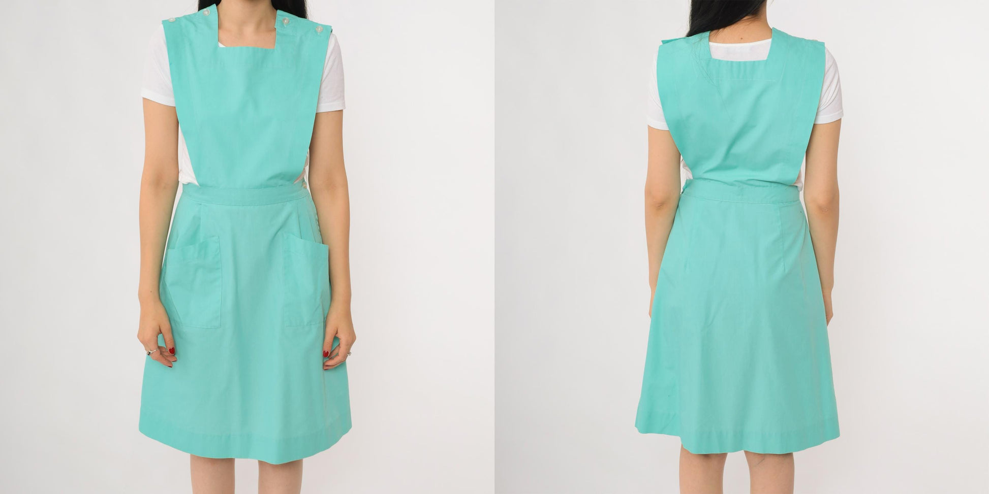 80s Turquoise Pinafore Apron Dress Square Neck Buttoned Straps Knee Length Small