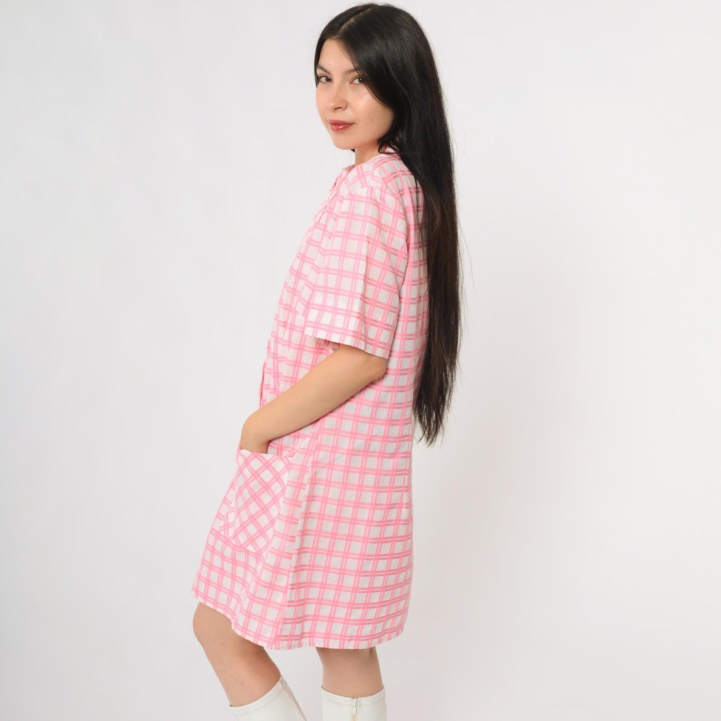 1960s Pink Plaid Shift Dress Peter Pan Collar Button Front Large L
