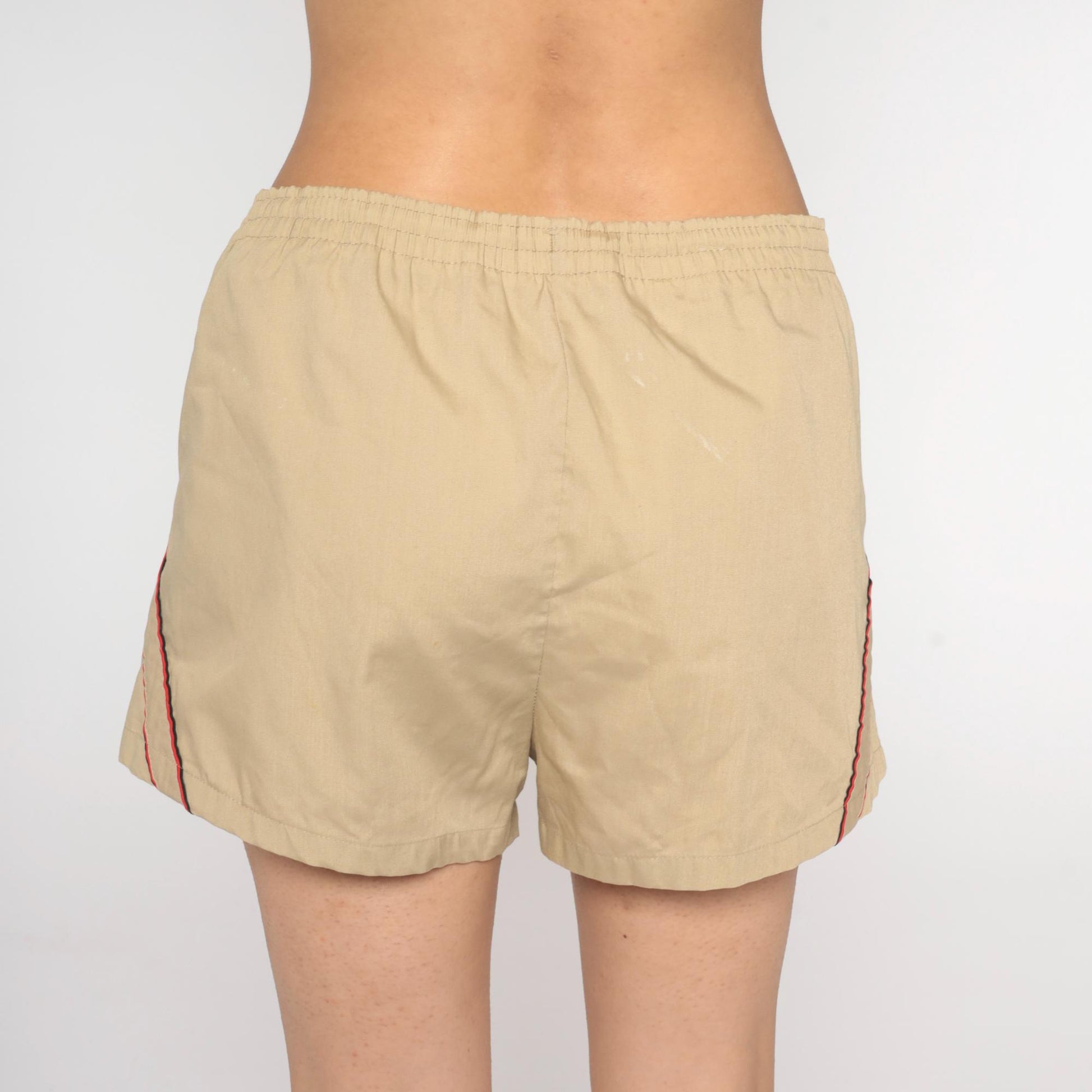80s Tan Swim Shorts Red Trim Athletic Drawstring Cotton Nylon Medium