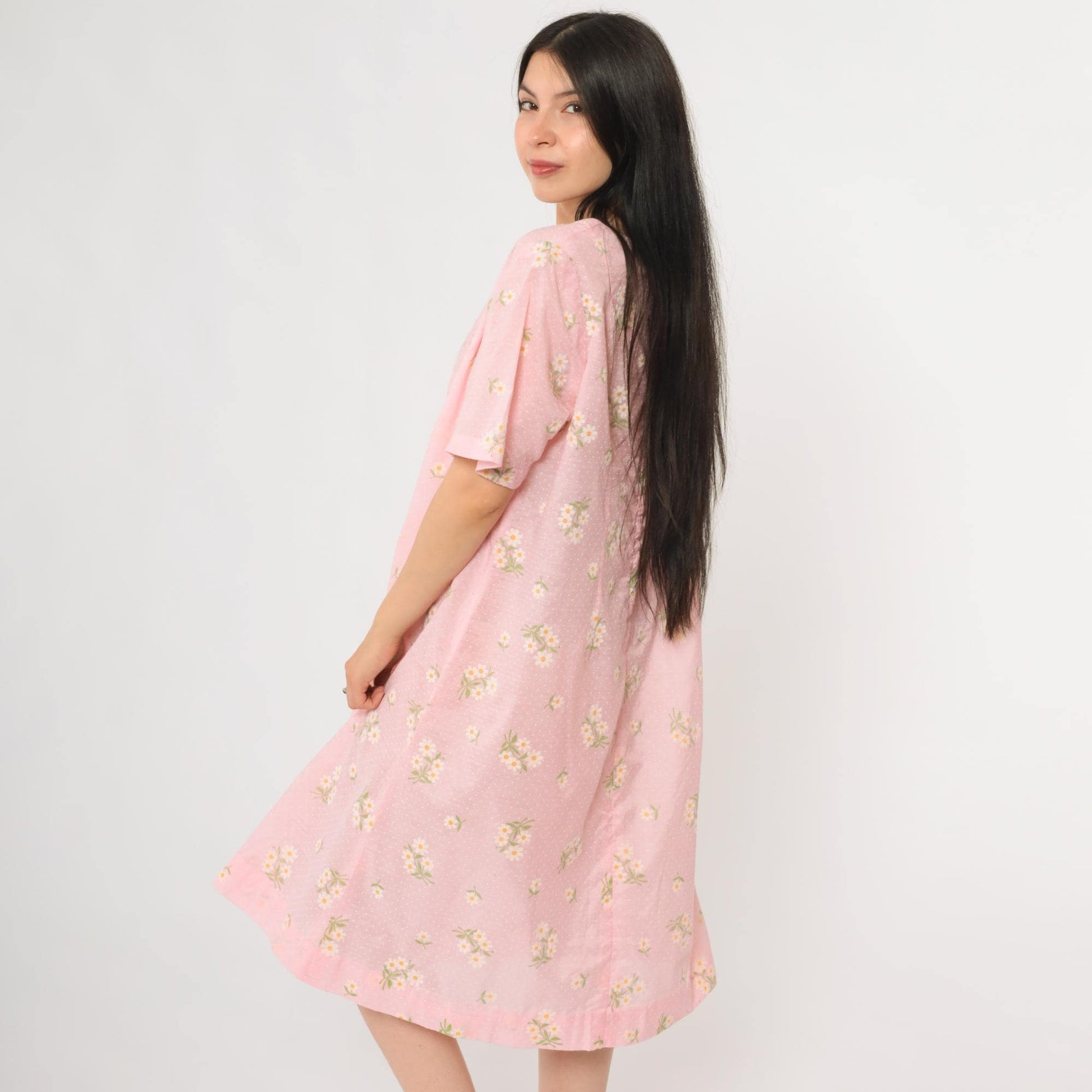 70s Pink Daisy Floral Midi Dress Short Sleeve Pullover Cotton Large