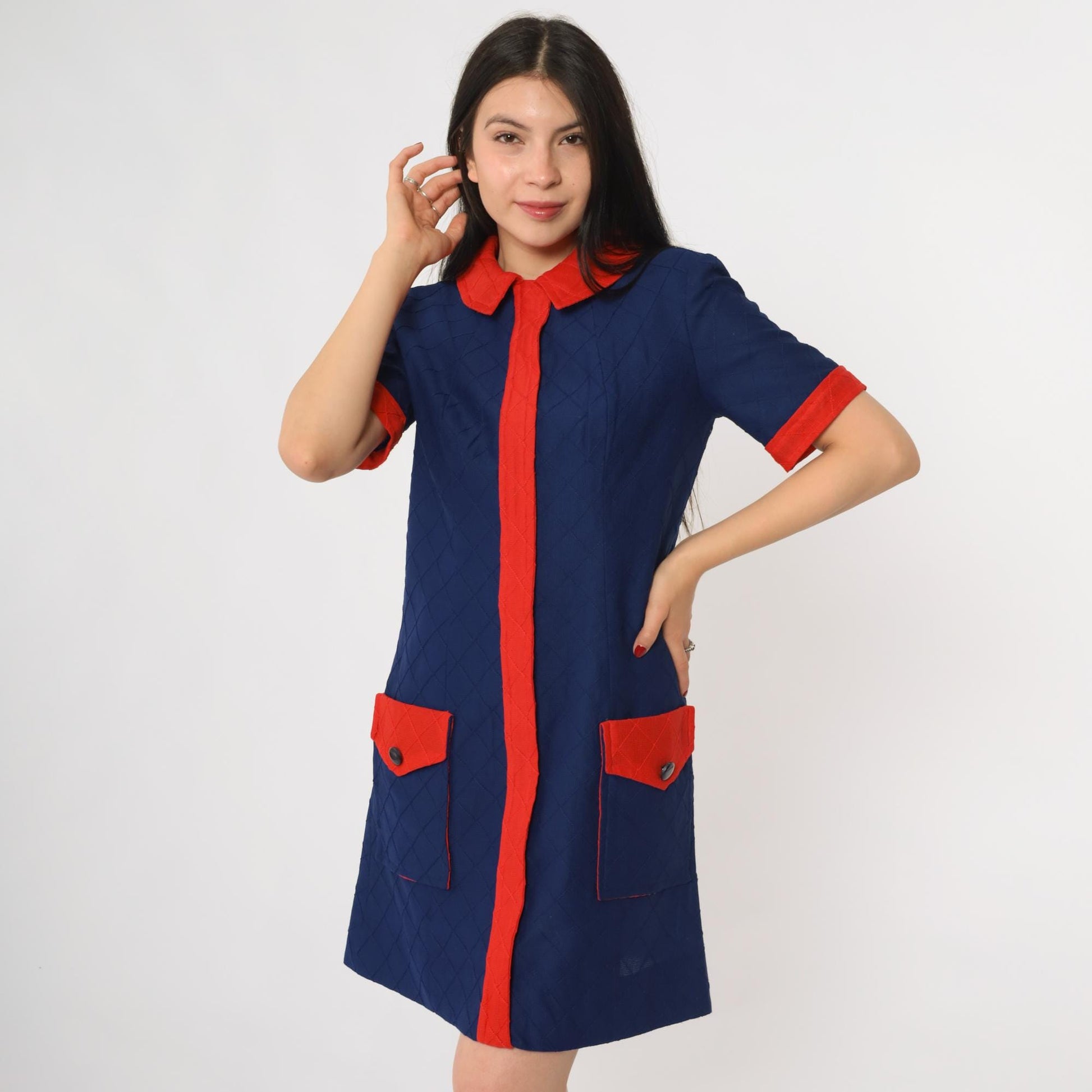 60s Mod Mini Dress Navy Red Colorblock Peter Pan Collar Shift Medium M