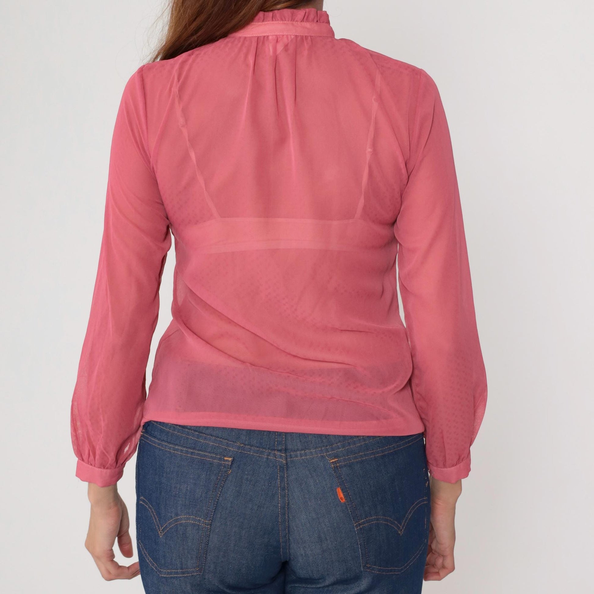 1970s Coral Pink Sheer Blouse Ruffle Collar Button Front Long Sleeve Small