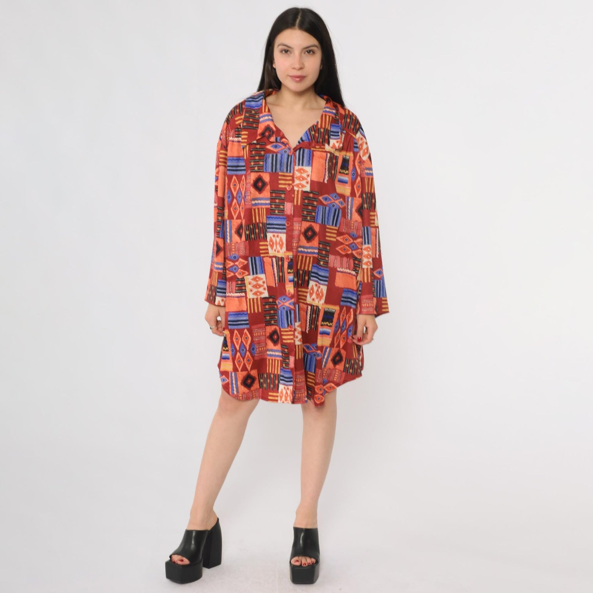 90s Sue Brett Tribal Print Mini Shirt Dress Button Front Long Sleeve Plus Size XXL