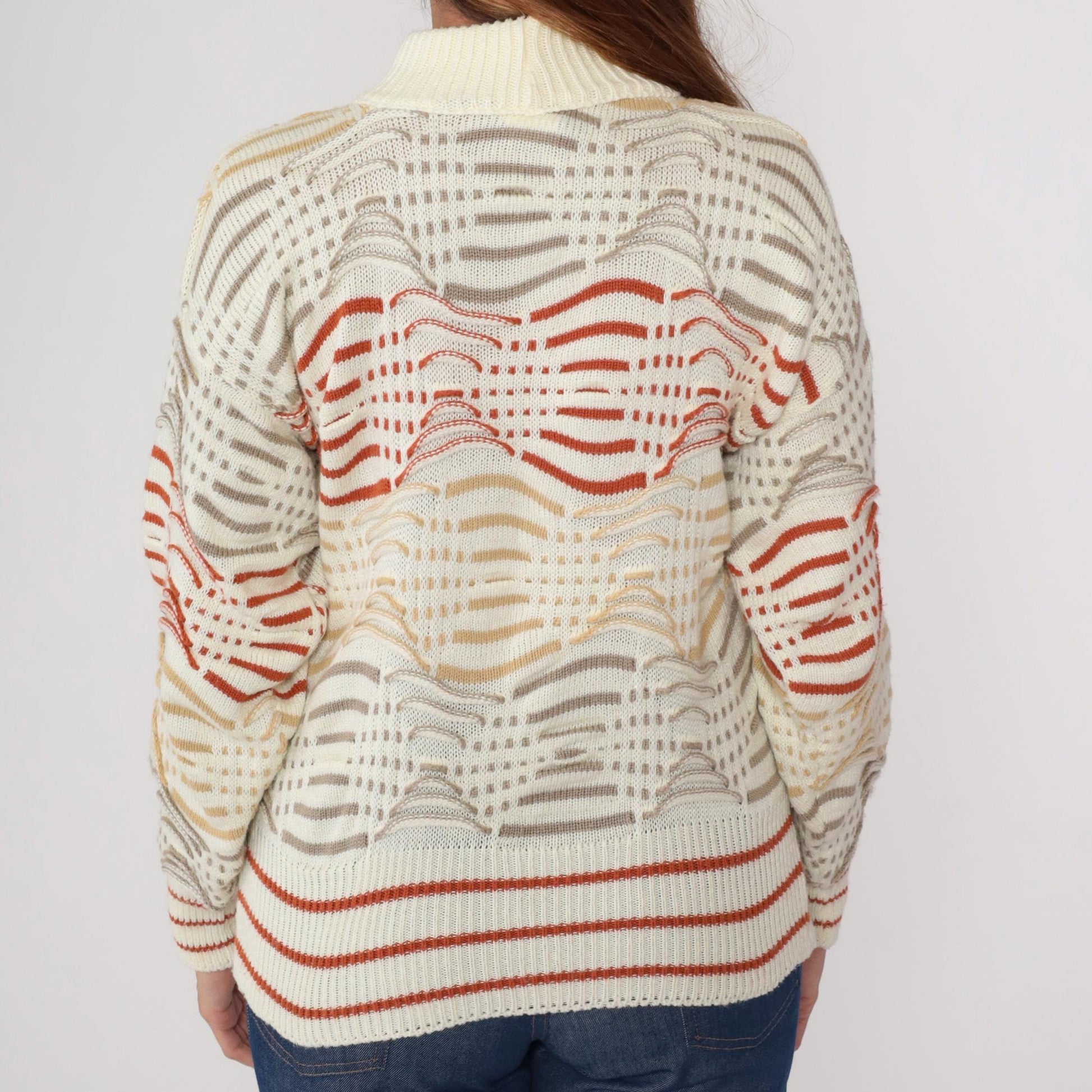 80s Cream Wave Pattern Turtleneck Sweater Red Tan Chunky Knit Small S