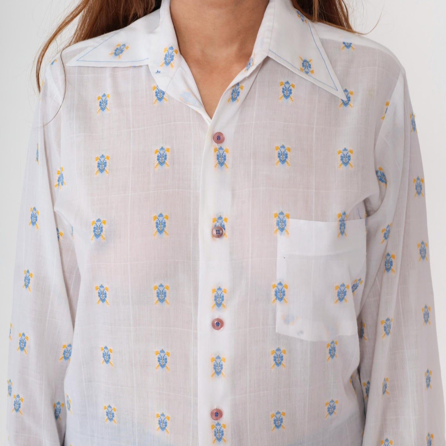 70s Lancer of California Turtle Print Button-Up Shirt White Cotton Medium