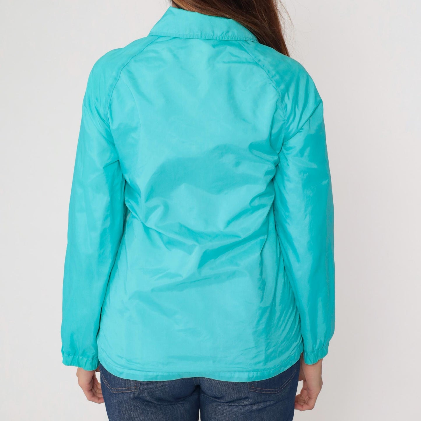 80s Teal Nylon Windbreaker Snap-Up Jacket Cotton Lined Small
