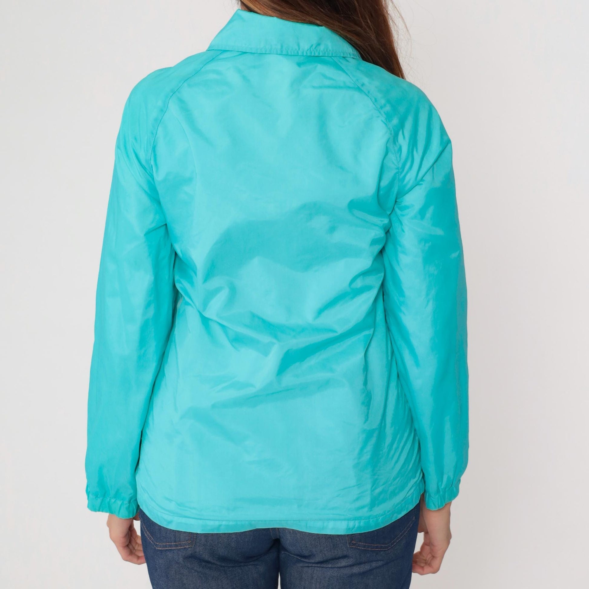 80s Teal Nylon Windbreaker Snap-Up Jacket Cotton Lined Small