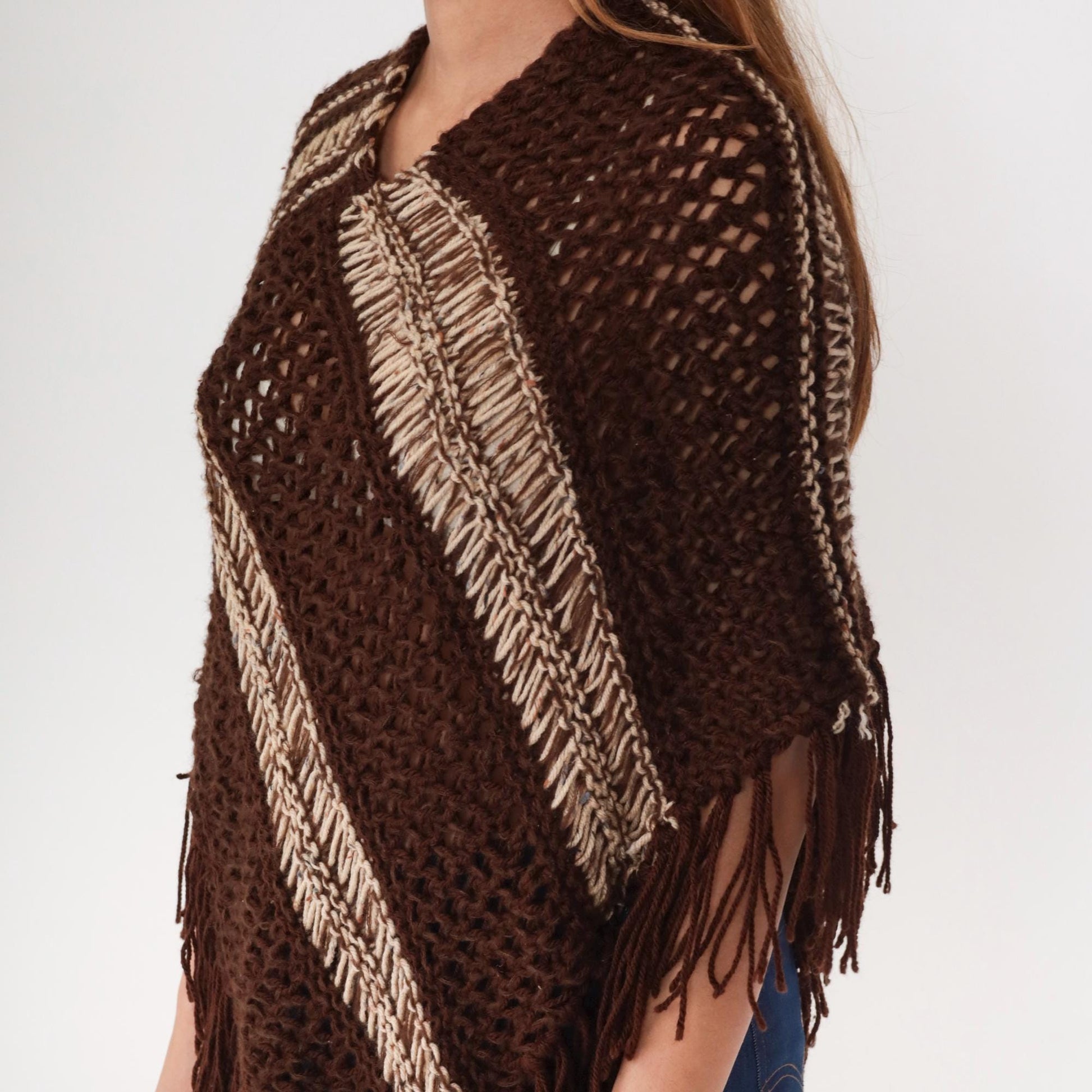 1970s Brown Crochet Poncho Fringe Geometric Stripe Knit Small Medium
