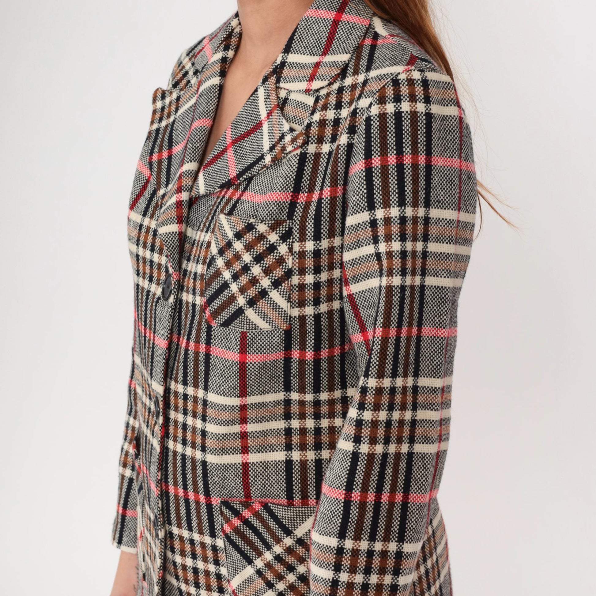 1970s Plaid Blazer Tartan Brown Red Cream Black Button Front Medium M