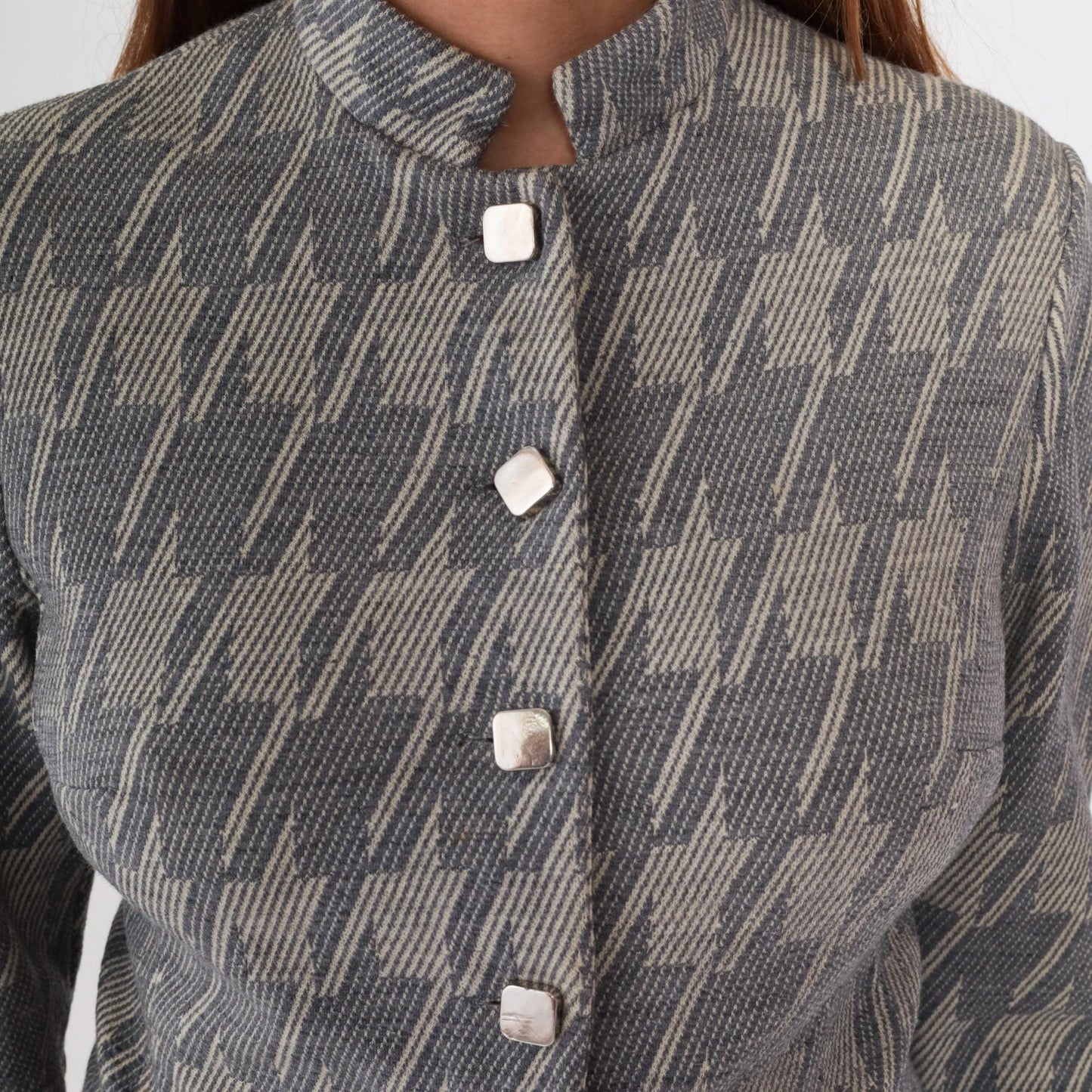 1960s Grey Houndstooth Cropped Jacket Button Front Stand Collar Small S