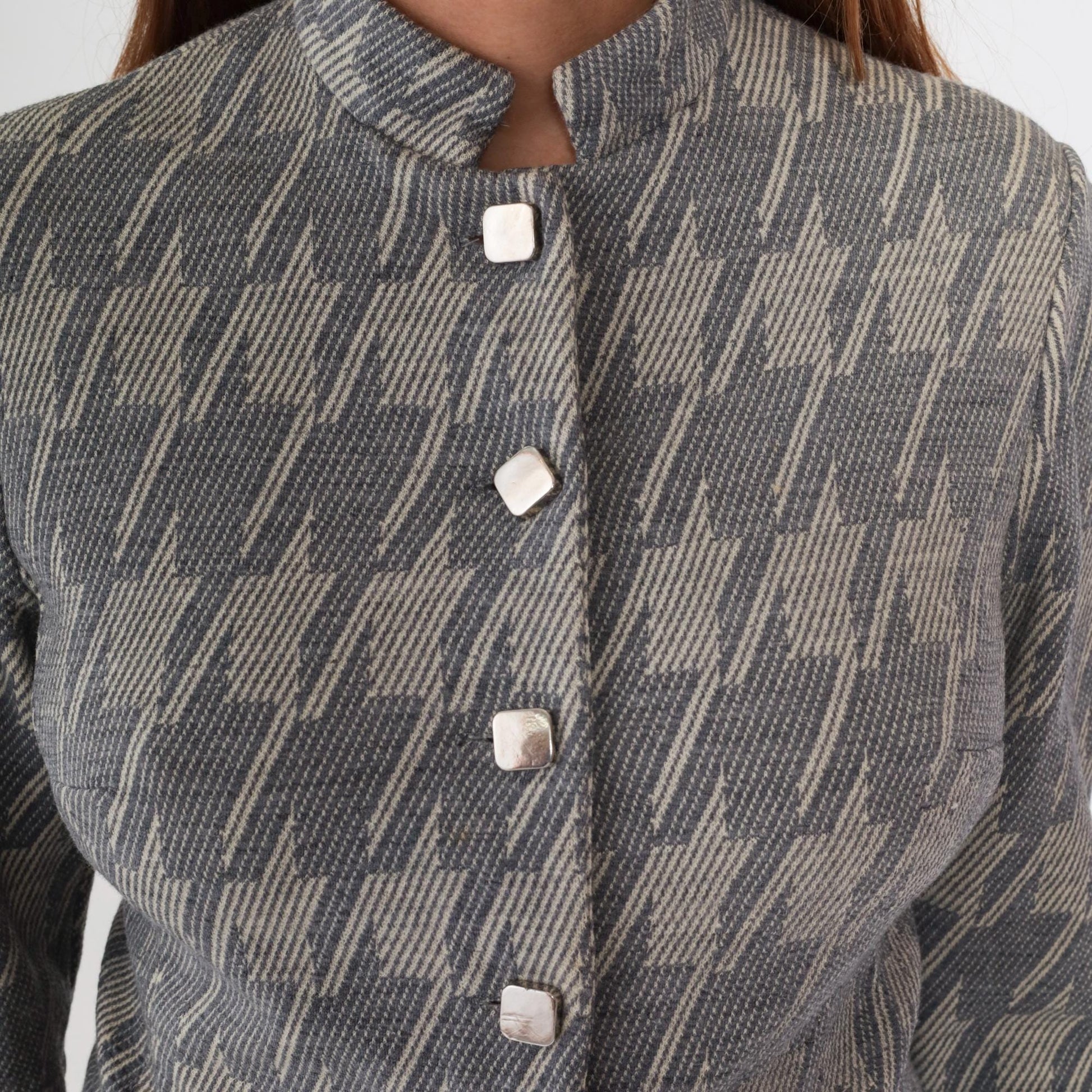 1960s Grey Houndstooth Cropped Jacket Button Front Stand Collar Small S