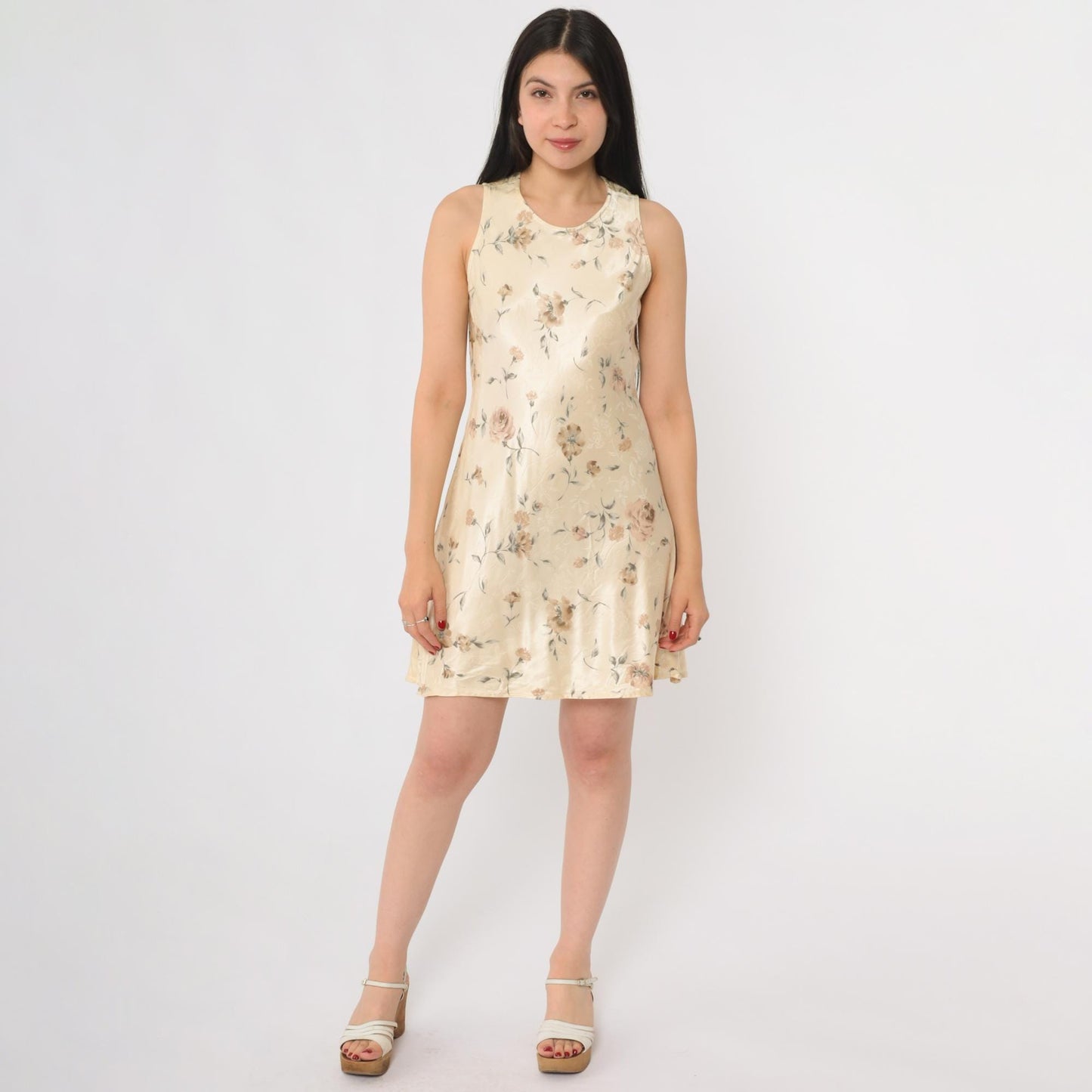 90s Breakin Loose Floral Mini Dress Cream Rose Print Sleeveless A-Line Small