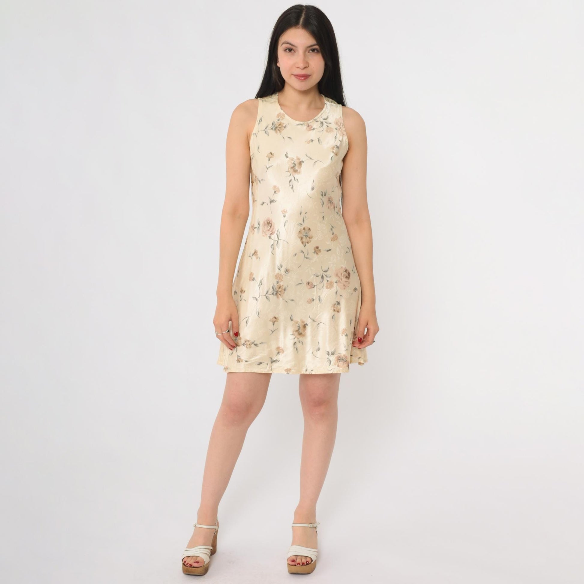90s Breakin Loose Floral Mini Dress Cream Rose Print Sleeveless A-Line Small